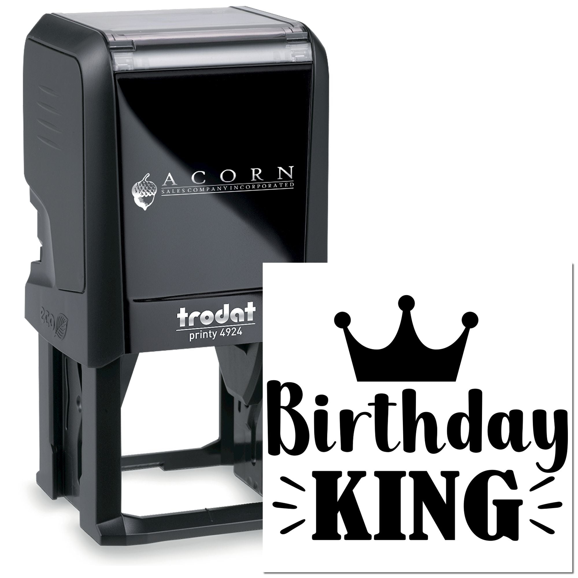 Custom self-inking rubber stamp with Birthday King crown design, ideal for personalized birthday stamps and business branding.