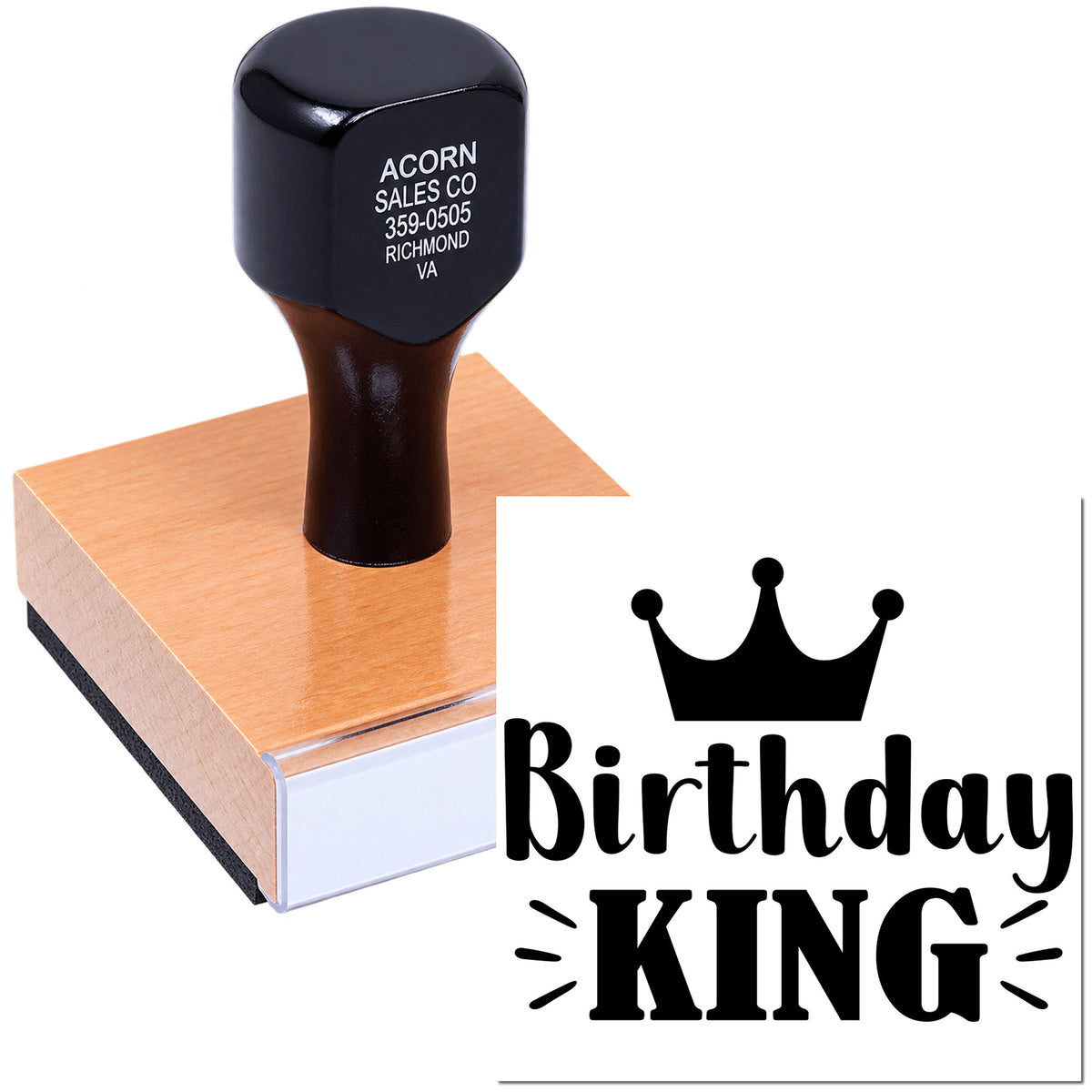 Custom rubber stamp with Birthday King crown logo for personalized birthday cards, invitations, and party packaging.