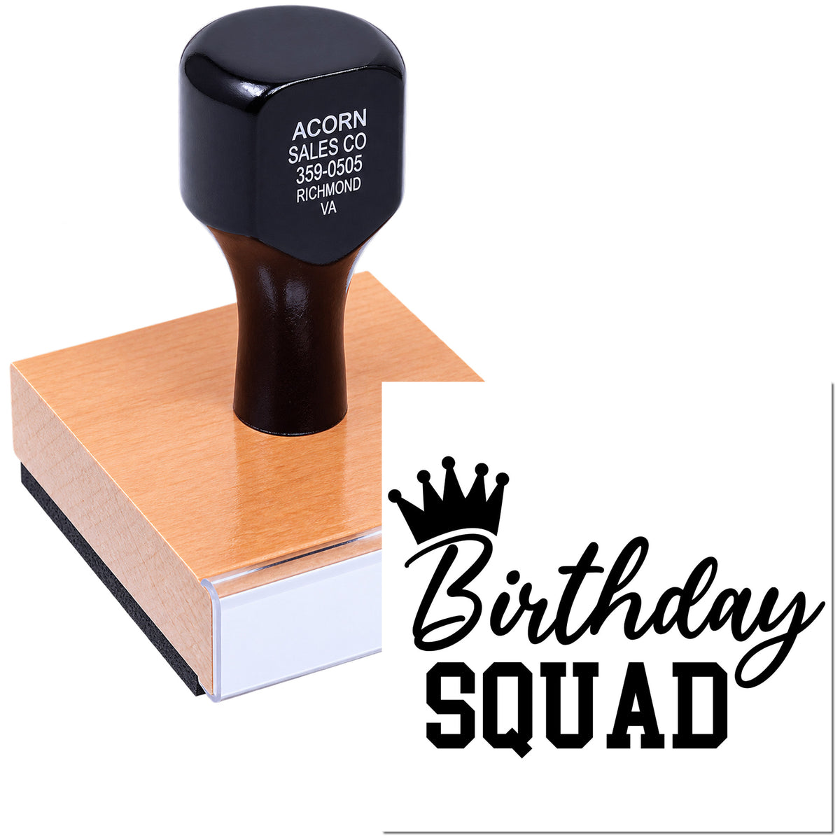 Custom Birthday Squad rubber stamp with wood mount for party favors, cards, and DIY celebration crafts.