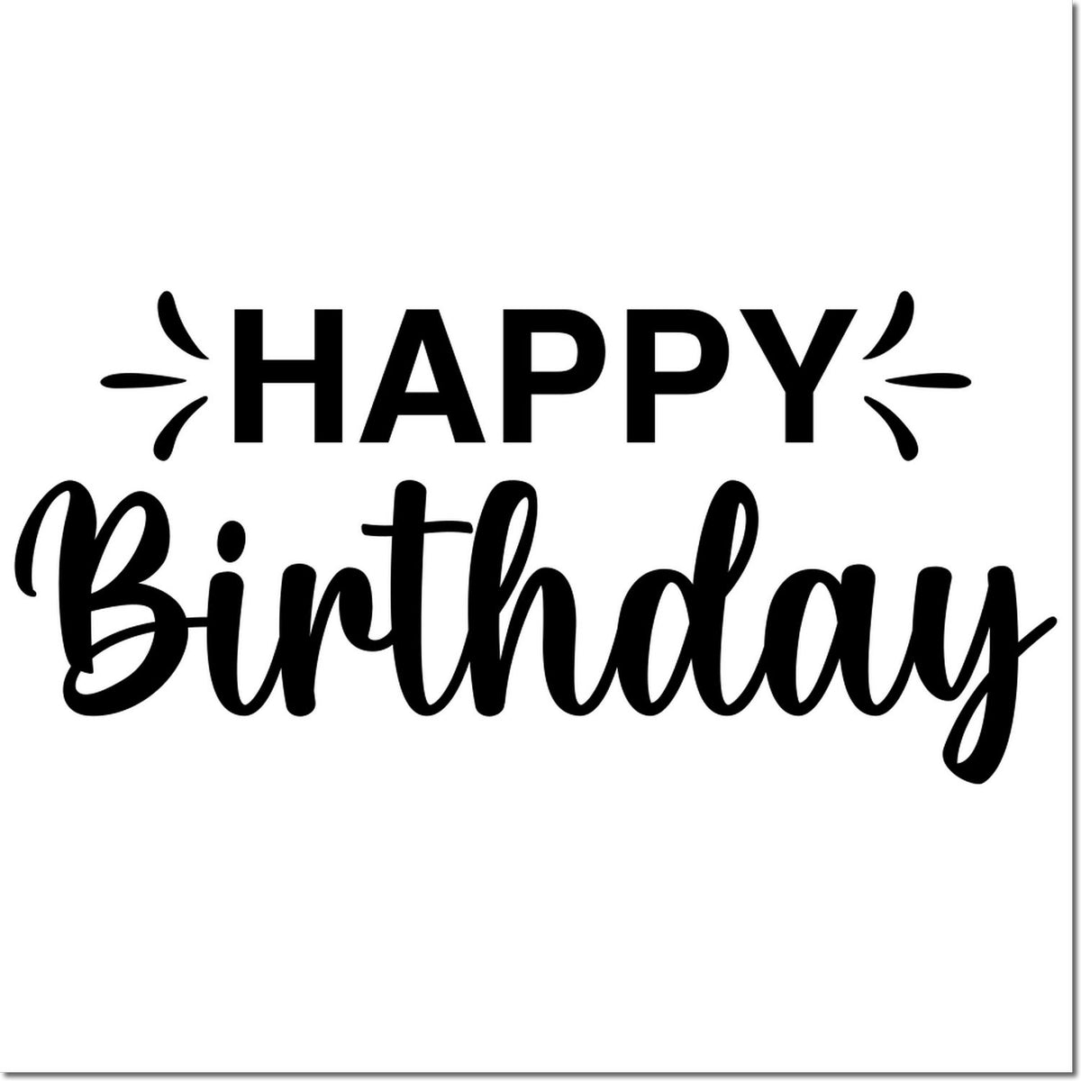 Happy Birthday rubber stamp design with bold lettering and decorative accents for cards, crafts, and party stationery.