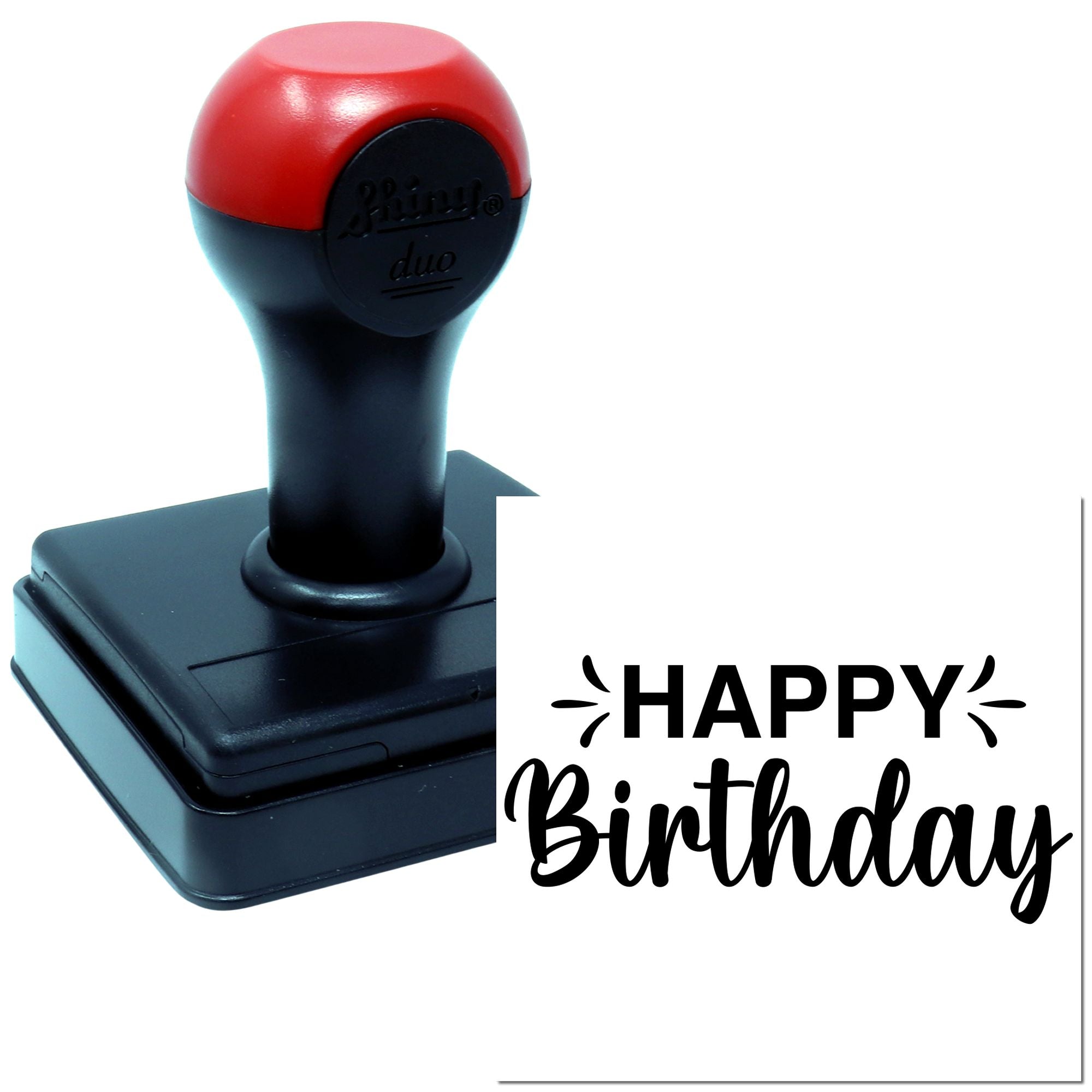 Happy Birthday rubber stamp with self-inking handle, ideal for custom birthday cards, party favors, and scrapbook projects.