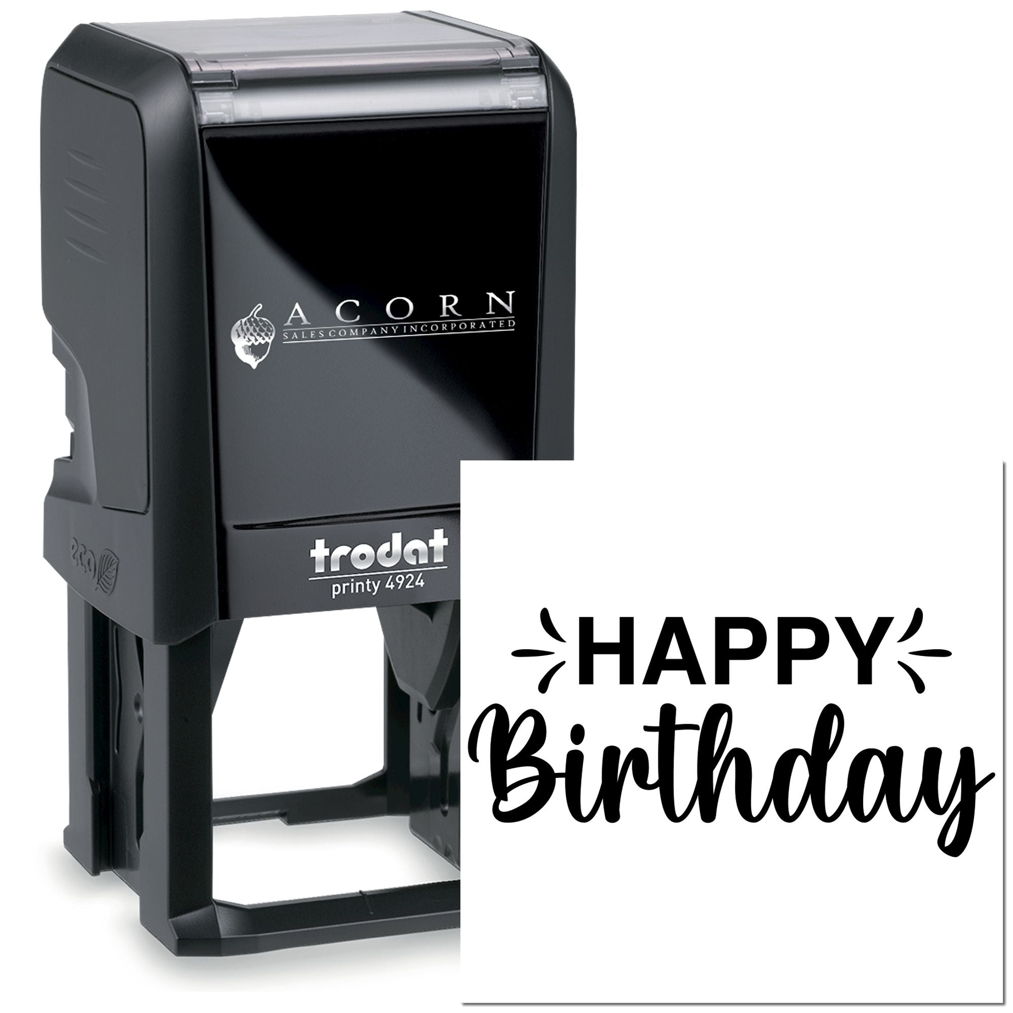 Happy Birthday self-inking rubber stamp for custom greeting cards, party favors, and handmade birthday packaging.