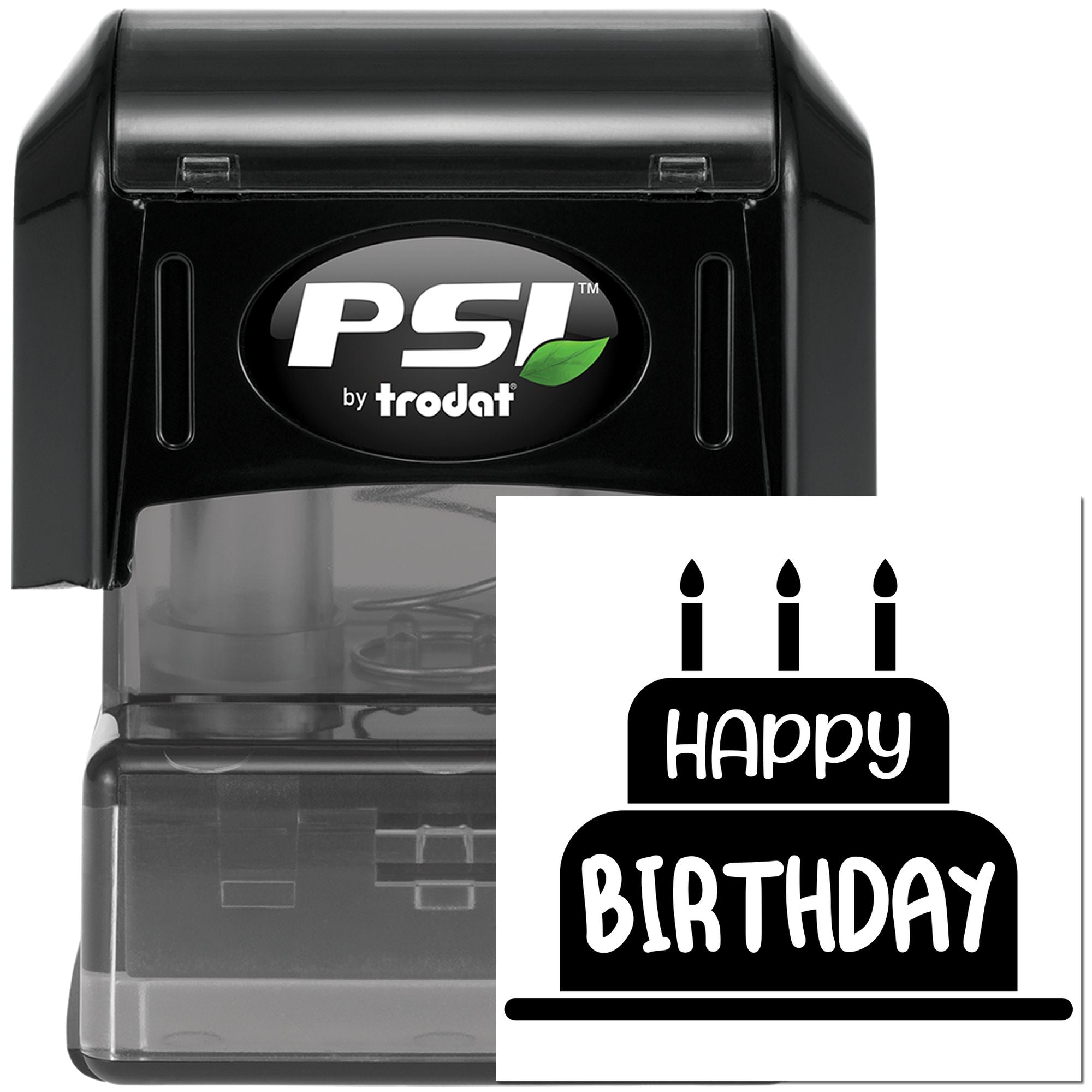 PSI by Trodat self-inking rubber stamp with Happy Birthday cake design for birthday cards, invitations, and party crafts.