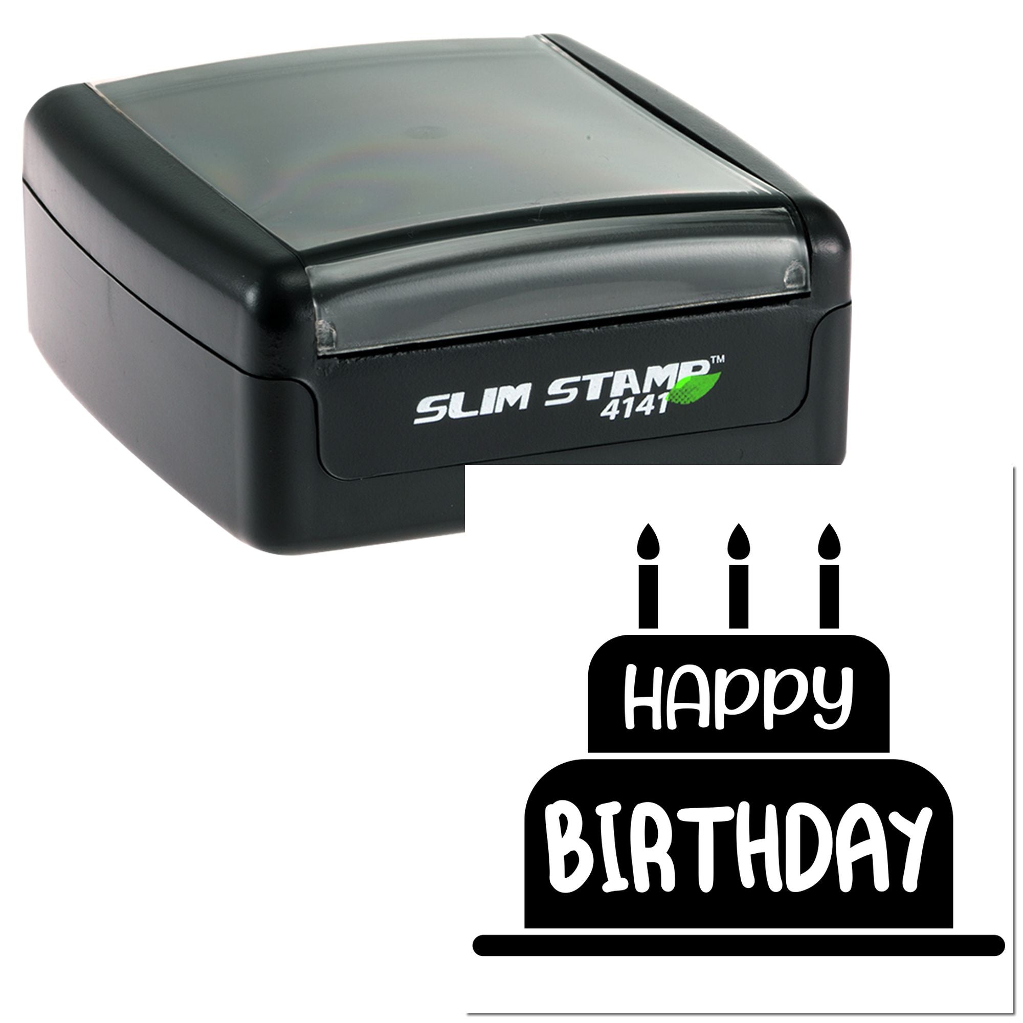 Slim Stamp 4141 self-inking rubber stamp with Happy Birthday cake design for birthday cards, invitations, and packaging.
