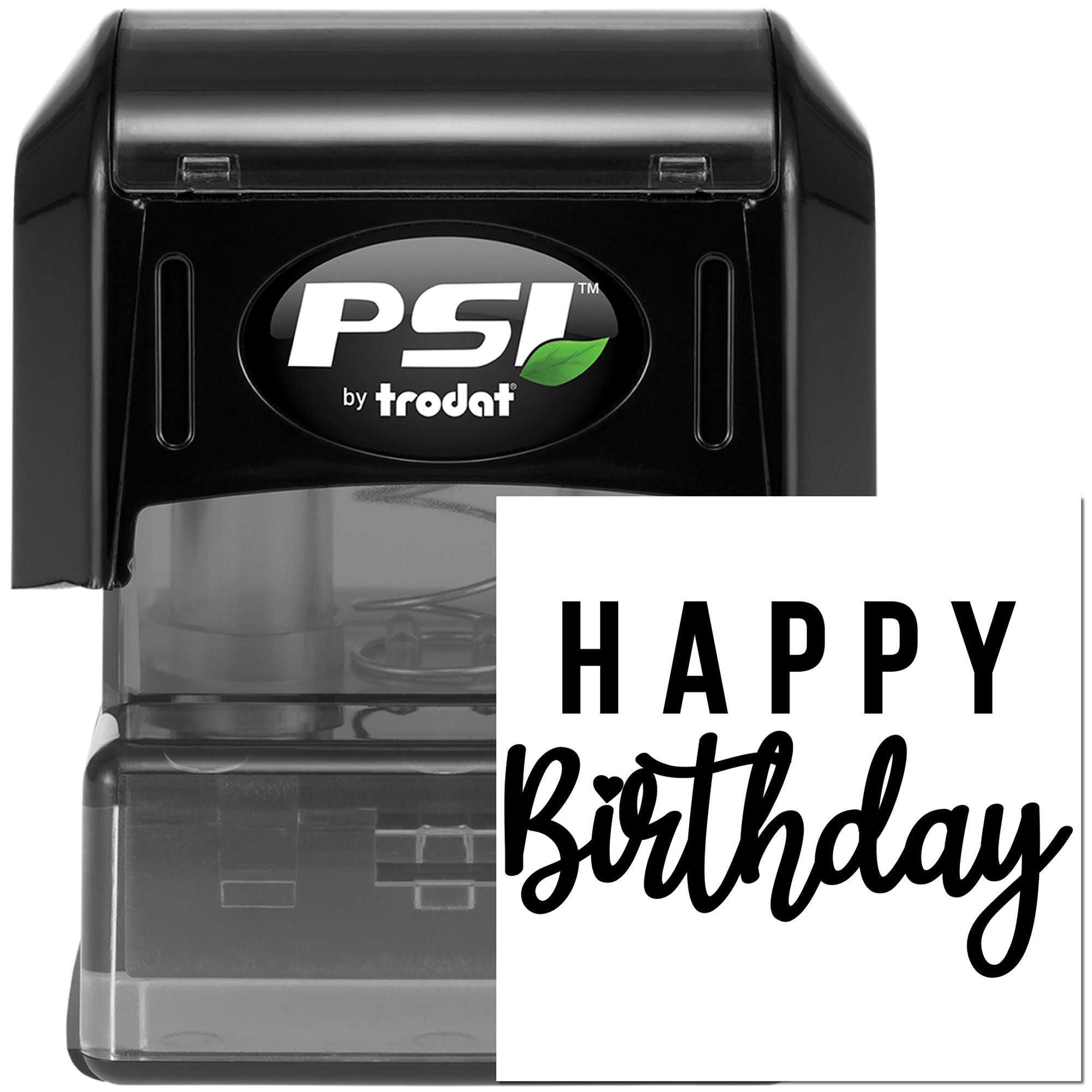 PSI by Trodat self-inking rubber stamp with Happy Birthday imprint for custom cards, gifts and party packaging.