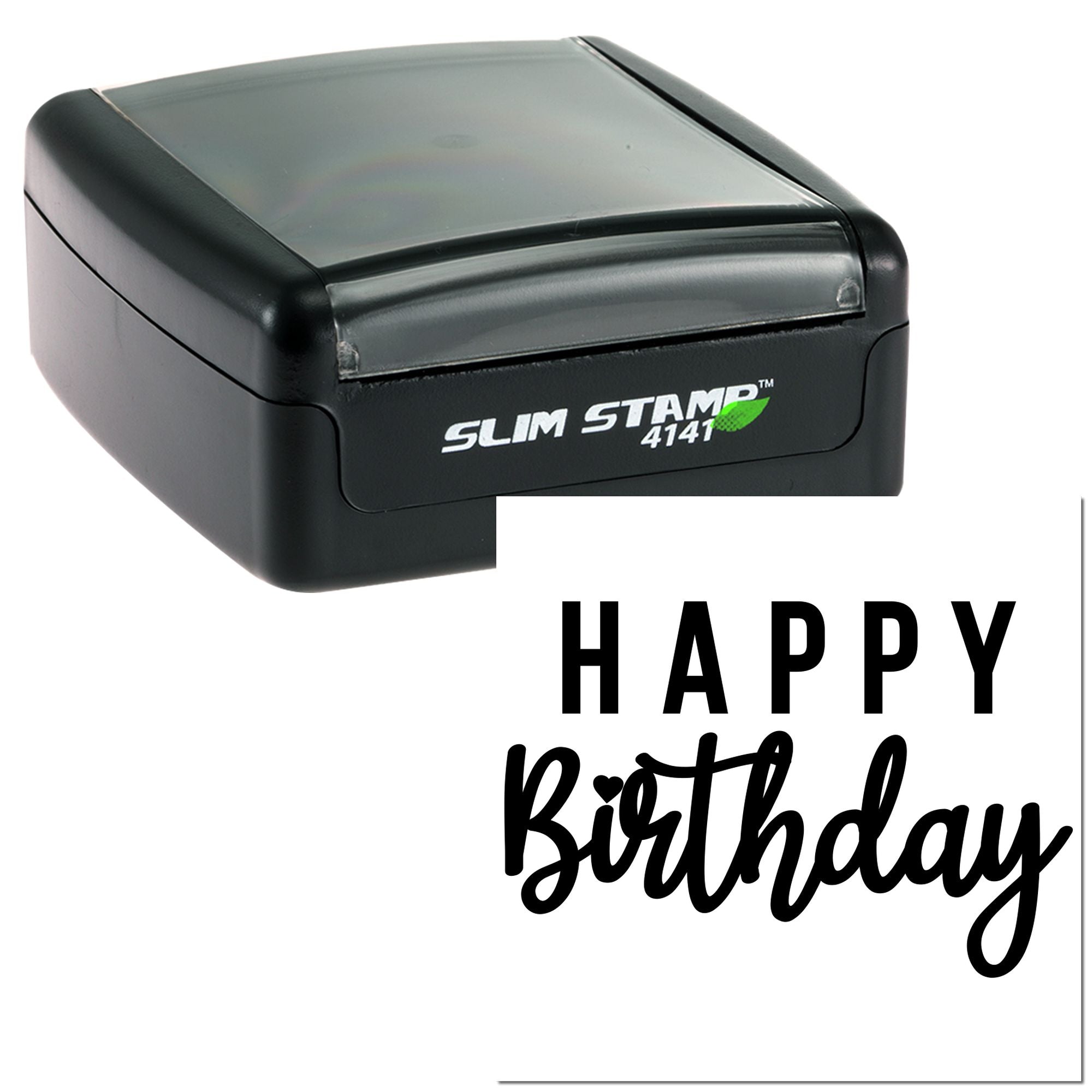 Slim self-inking rubber stamp with Happy Birthday design for custom cards, party invitations, and birthday stationery.