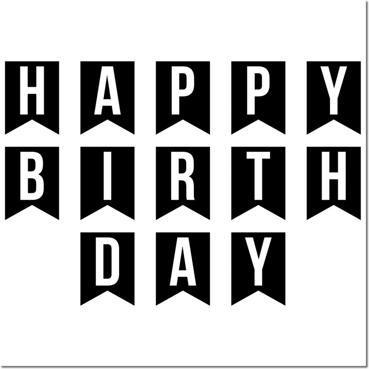 Happy Birthday banner rubber stamp design with bold black pennant letters for DIY cards, crafts, and scrapbooking.