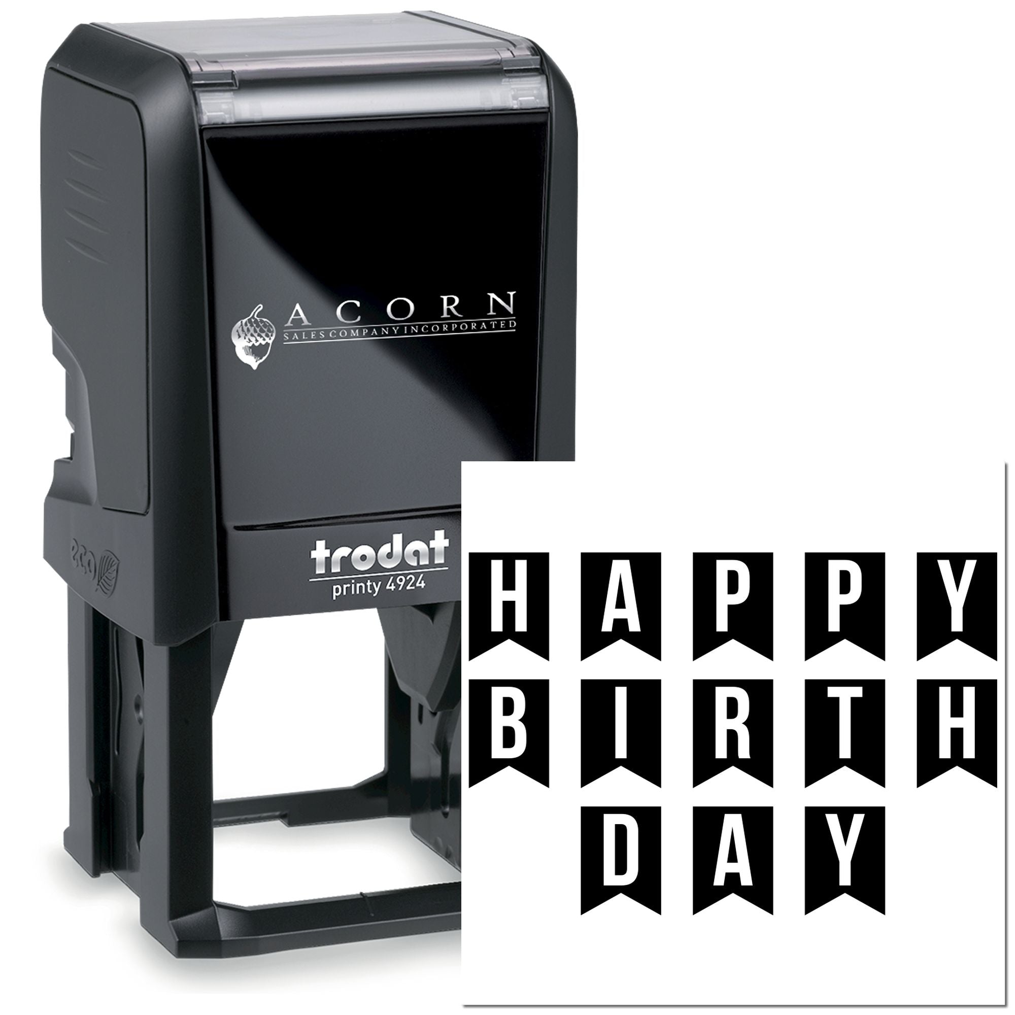 Trodat Printy 4924 custom self-inking rubber stamp with Happy Birthday bunting design for cards and party invitations.