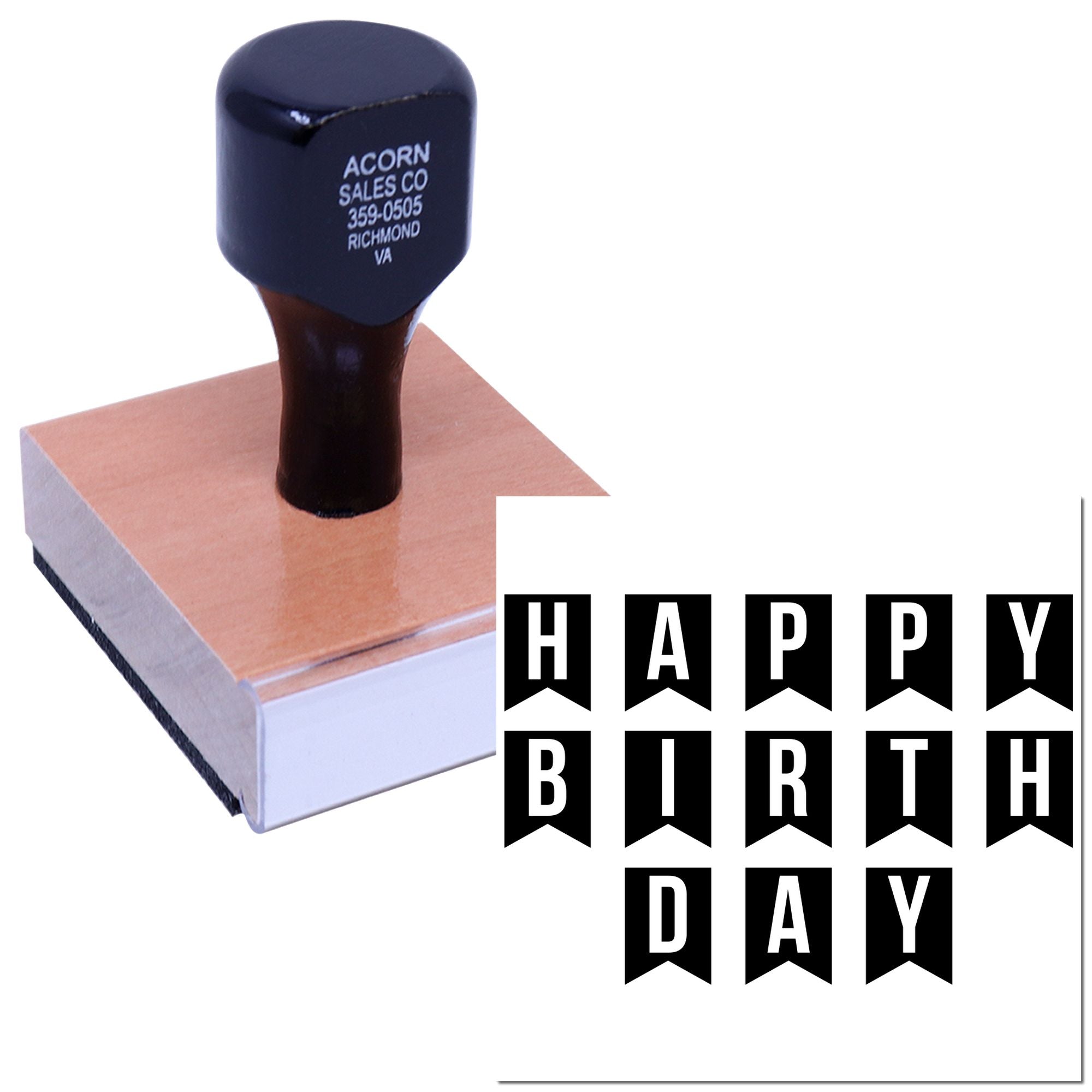 Custom Happy Birthday rubber stamp with bold banner design for cards, invitations, and craft projects.