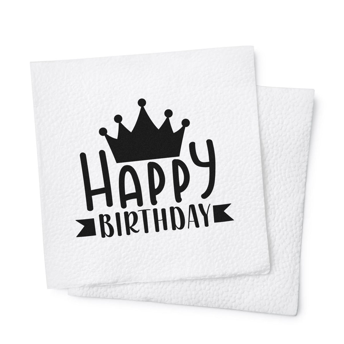 Happy Birthday Crown Banner PSI Pre-Inked Stamp imprint stamped in black ink. A large crown sits above HAPPY BIRTHDAY with ribbon ends flanking the bottom word.