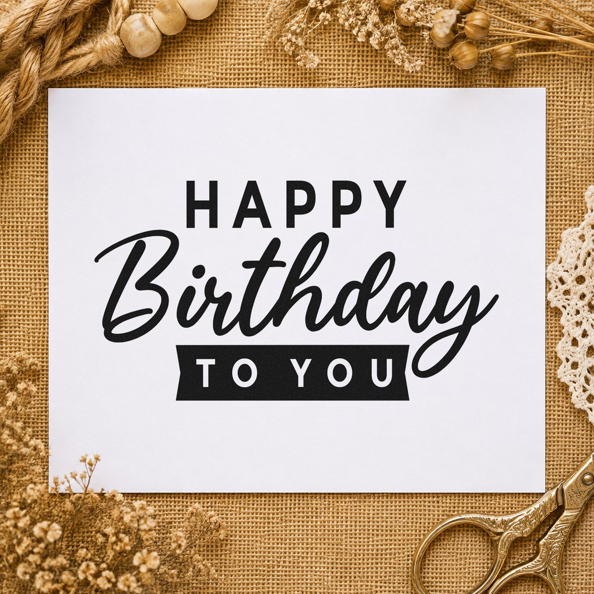 Happy Birthday To You rubber stamp printed in black ink, ready for small banner cards and similar paper crafts.