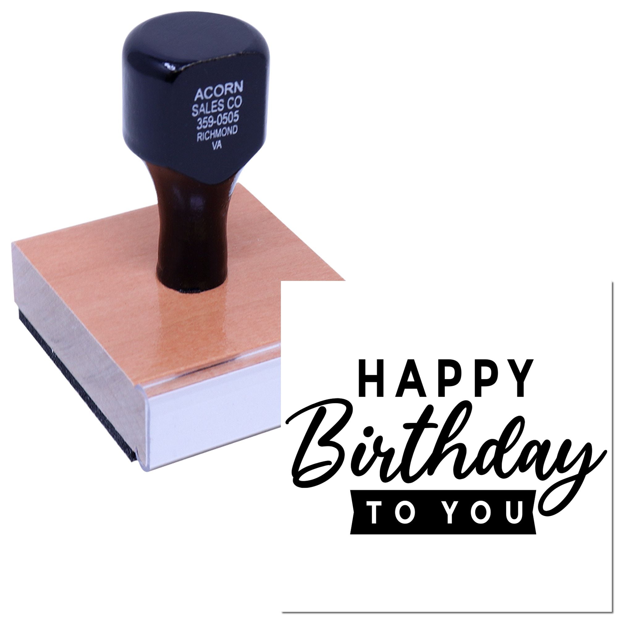 Custom birthday rubber stamp with Happy Birthday to You design on wood block for cards, gifts, and party invitations.