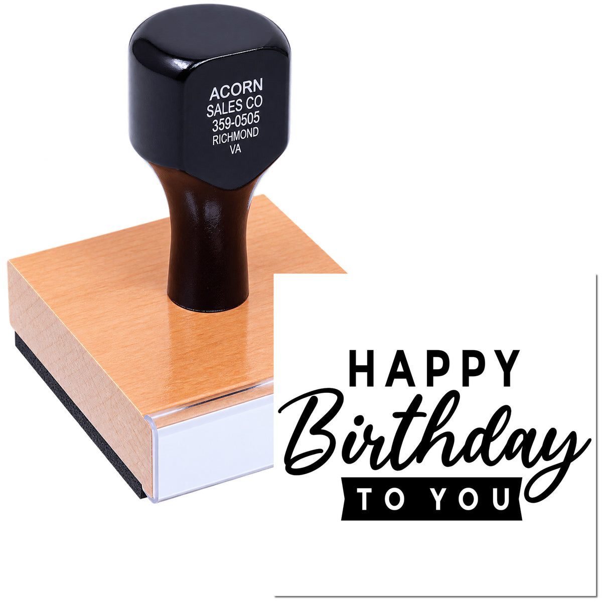 Custom birthday rubber stamp with Happy Birthday to You design on wood block for cards, gifts, and party invitations.