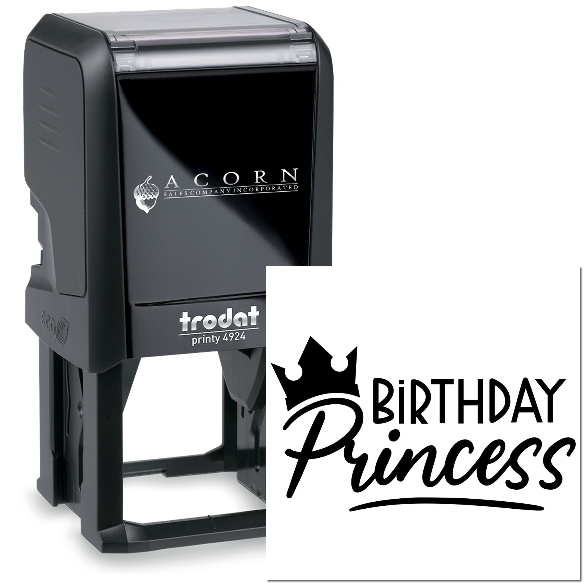 Custom self-inking birthday princess rubber stamp, Trodat Printy 4924, for personalized party invitations and cards.