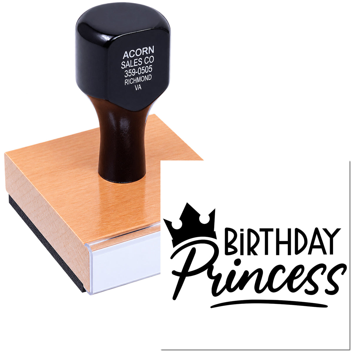Custom Birthday Princess rubber stamp for party favors, cards, and craft projects.