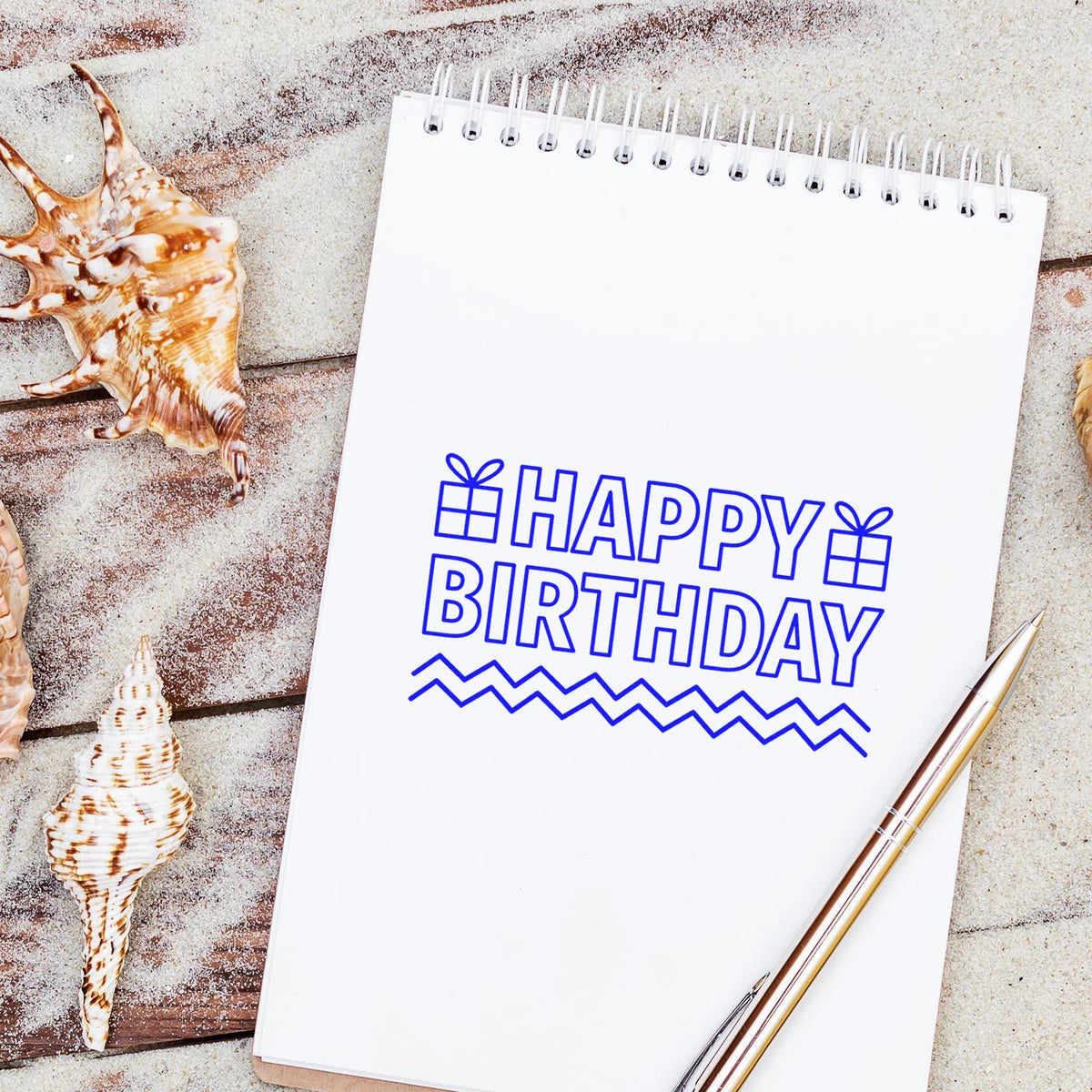 Outlined Birthday Gifts Zigzags rubber stamp shown in blue ink, stamped for projects such as making party album page.