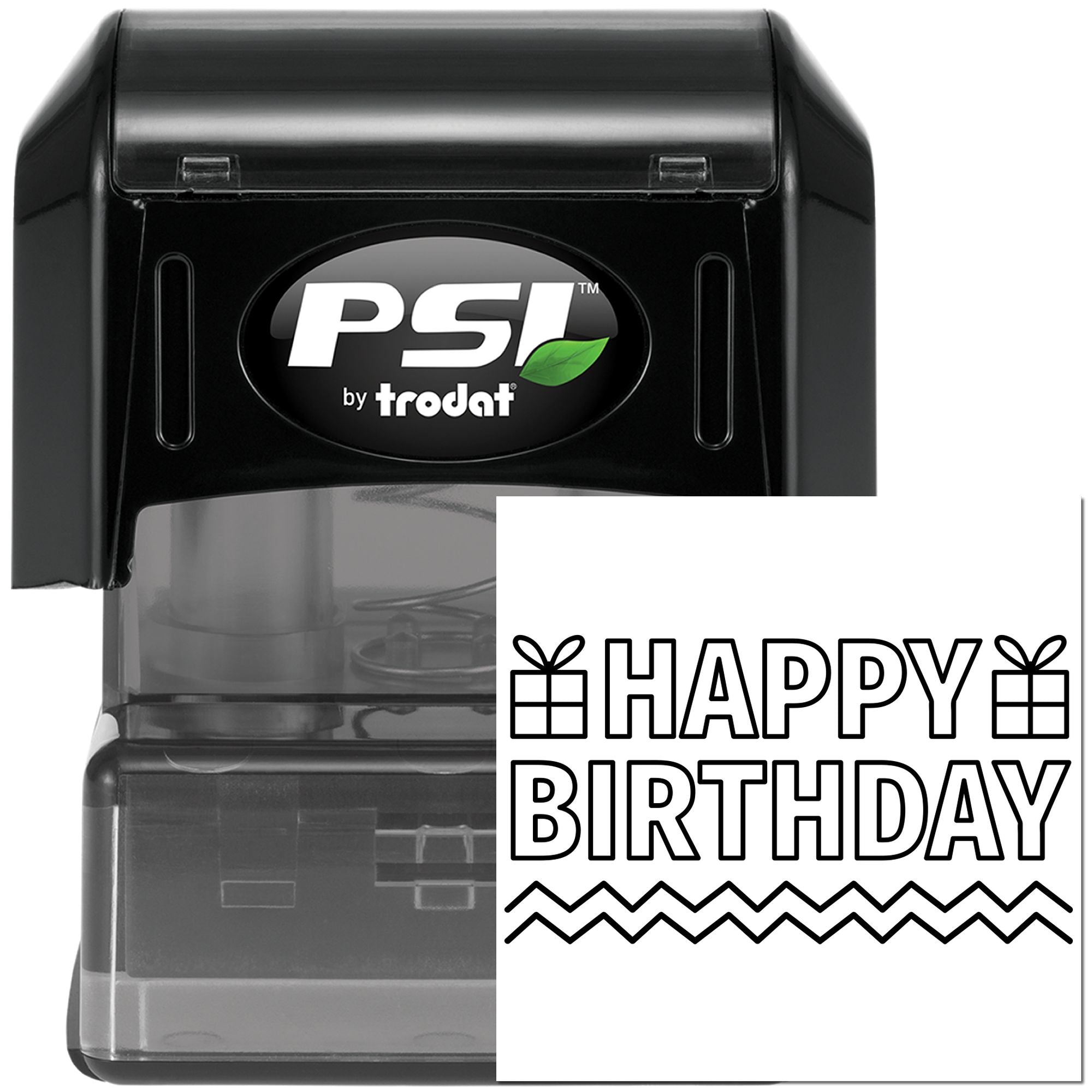 Self-inking Happy Birthday rubber stamp by PSI Trodat, ideal for greeting cards, gift packaging, and birthday crafts.