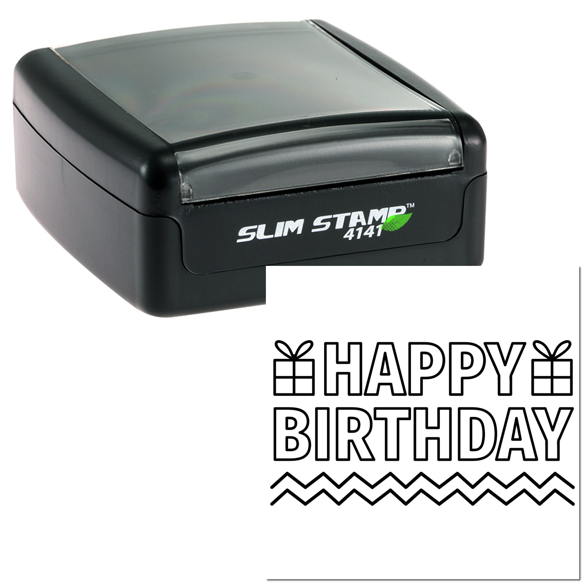 Slim Stamp 4141 rubber stamp with Happy Birthday design, gift icons, and decorative lines for birthday cards.
