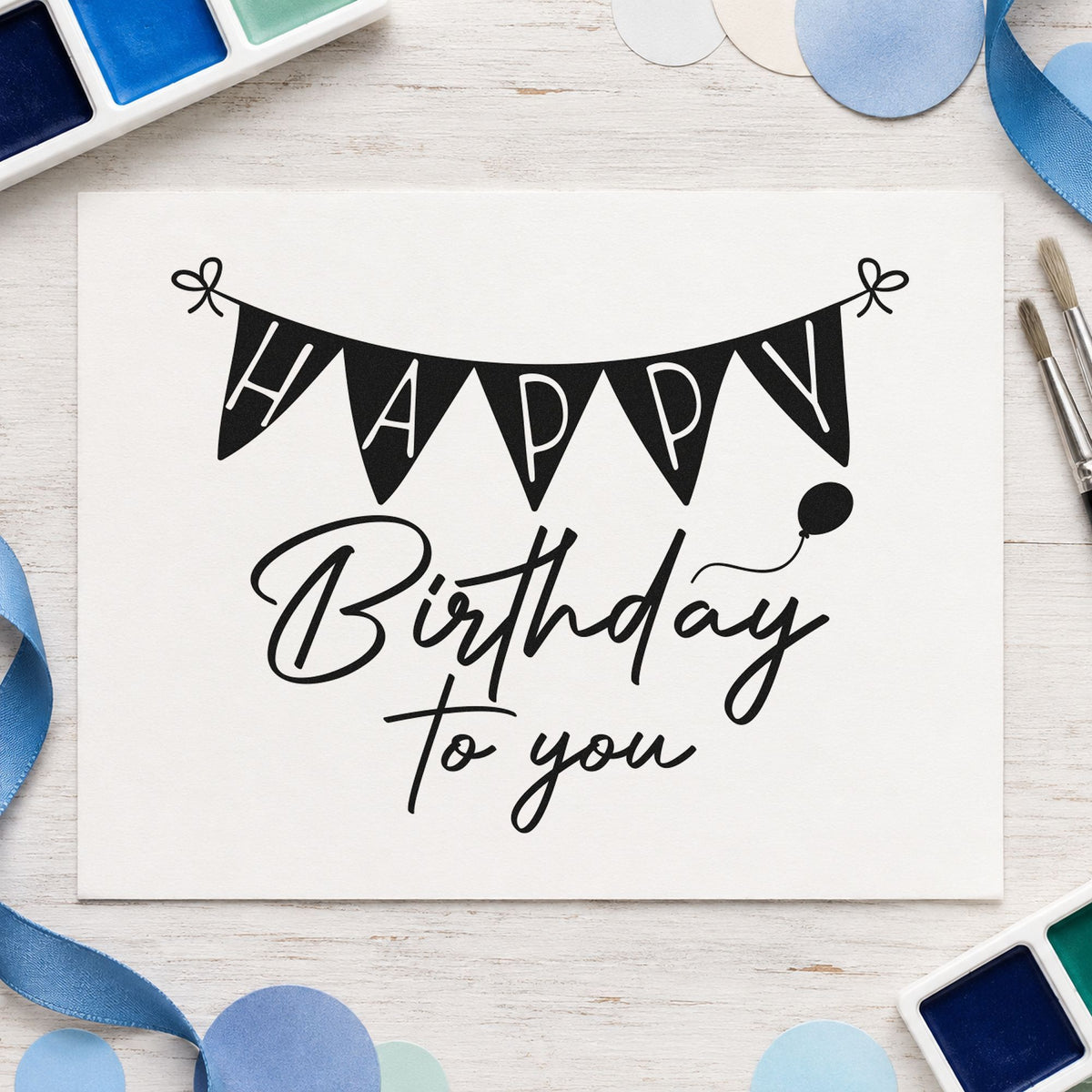 Birthday To You Bunting craft stamp imprint in black ink on a handmade project, one idea being treat bag gift tags.