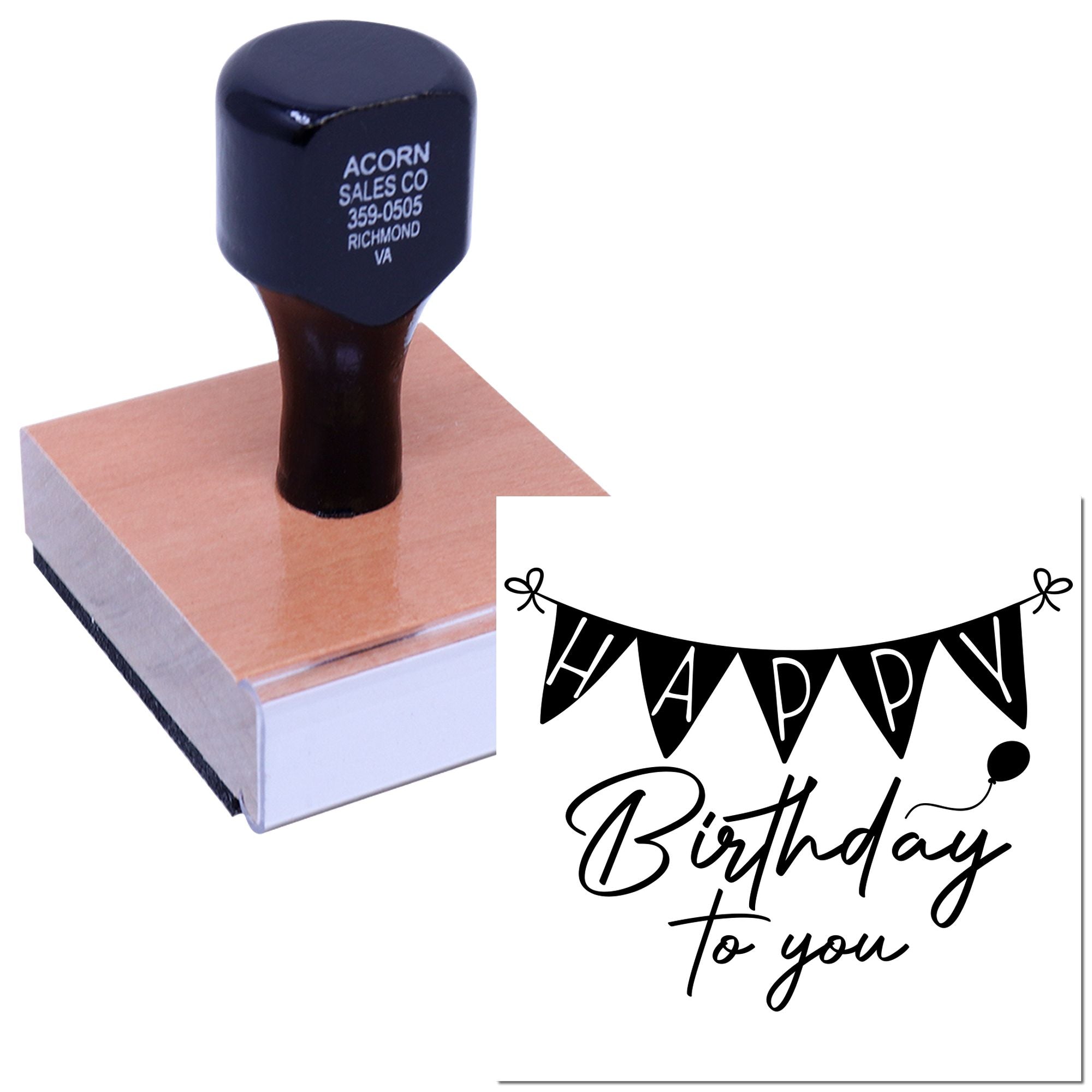 Custom Happy Birthday rubber stamp for cards, gift tags, and birthday packaging.