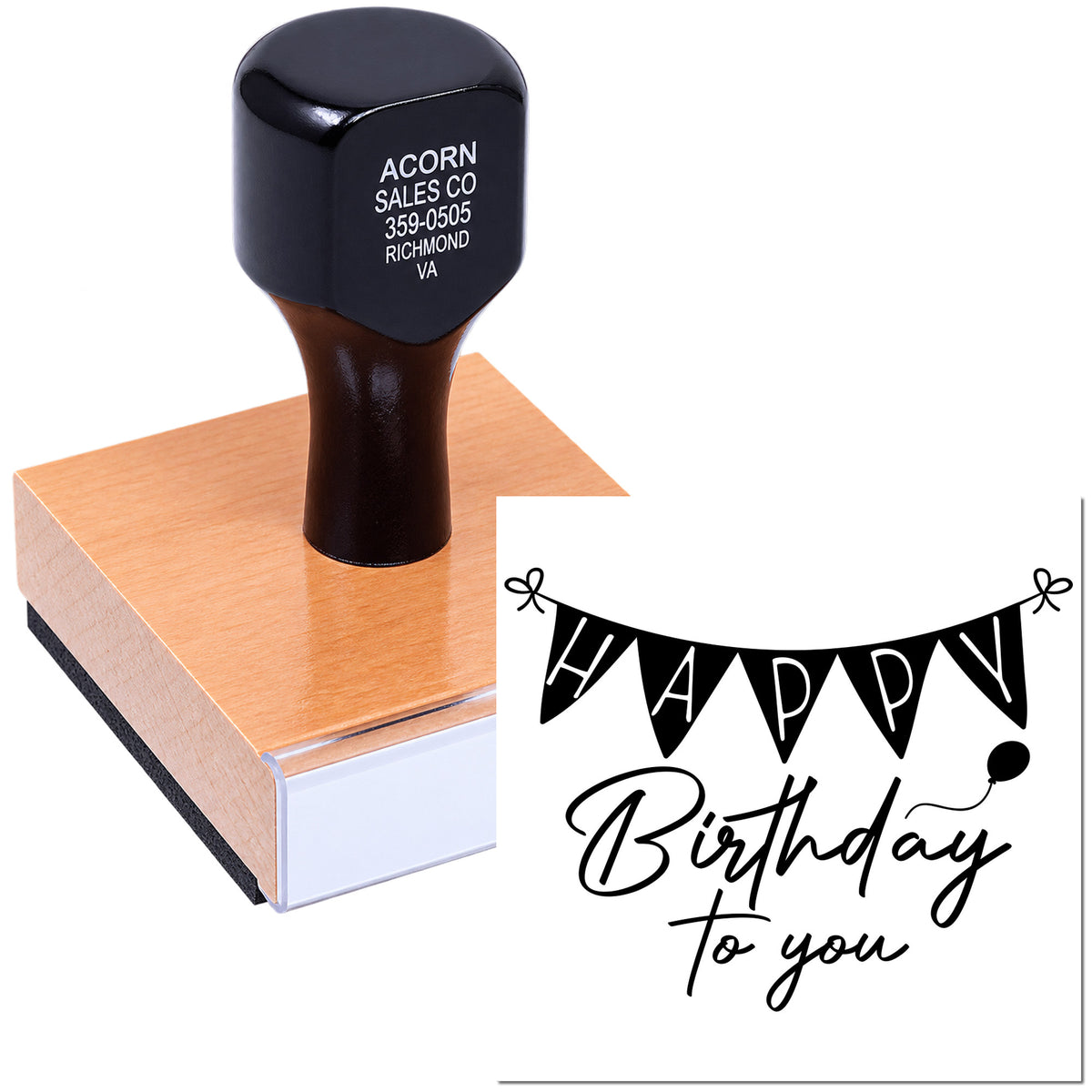 Custom Happy Birthday rubber stamp for cards, gift tags, and birthday packaging.