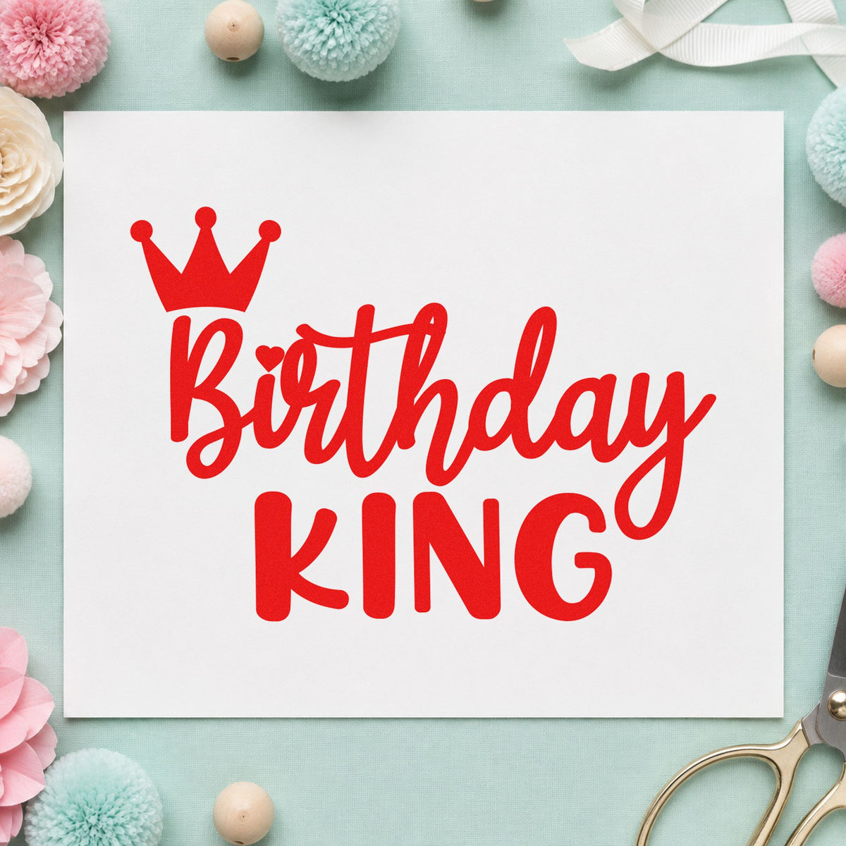 Birthday King Tilted Crown craft stamp imprint in red ink on a handmade project, one idea being year note cards.