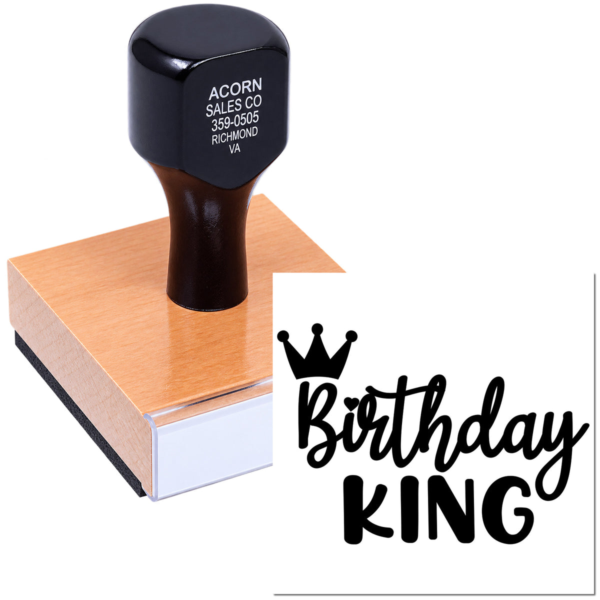Custom Birthday King rubber stamp with crown for party invitations, favors, and celebration branding.