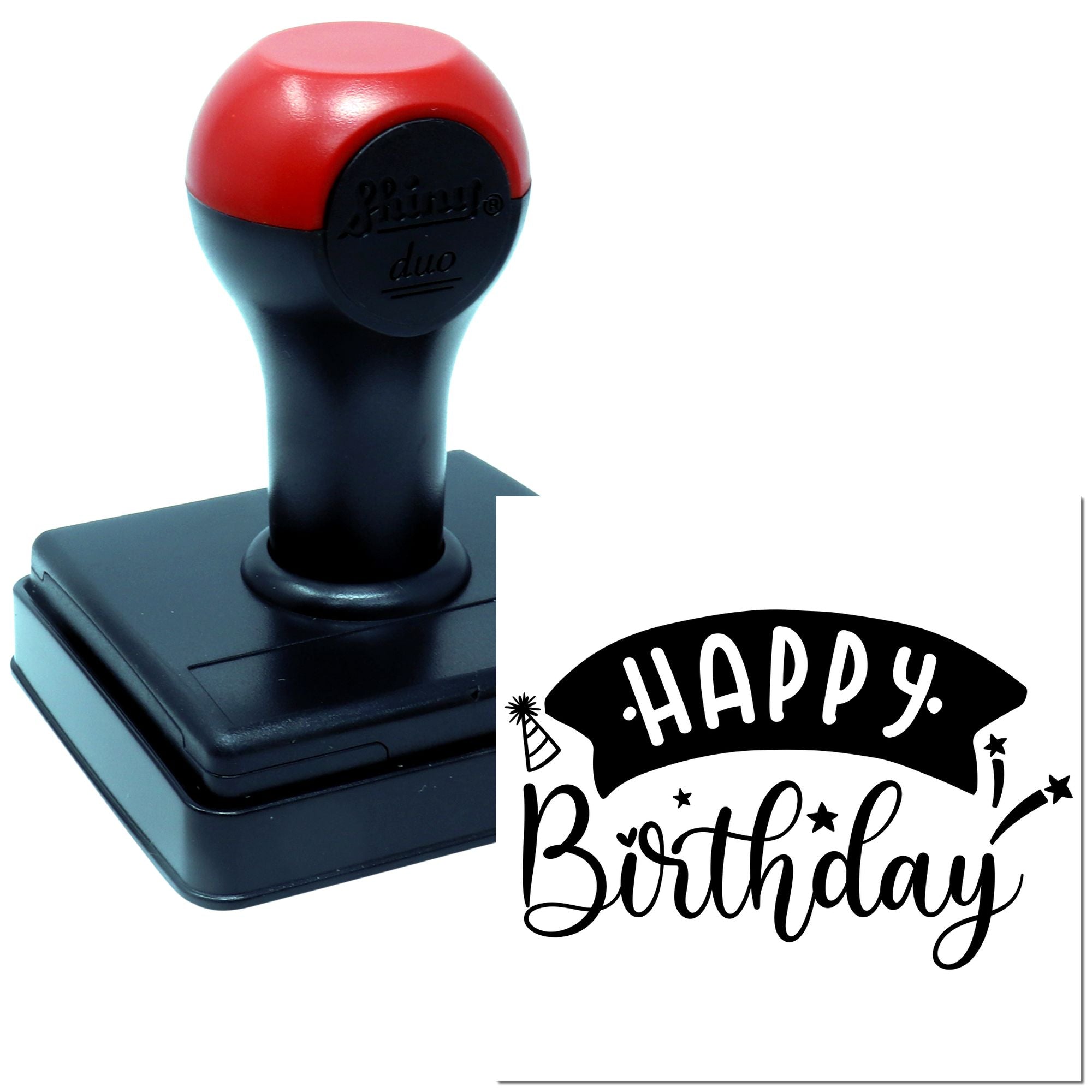 Self-inking rubber stamp with Happy Birthday design for party cards, gift wrap, and handmade birthday packaging.