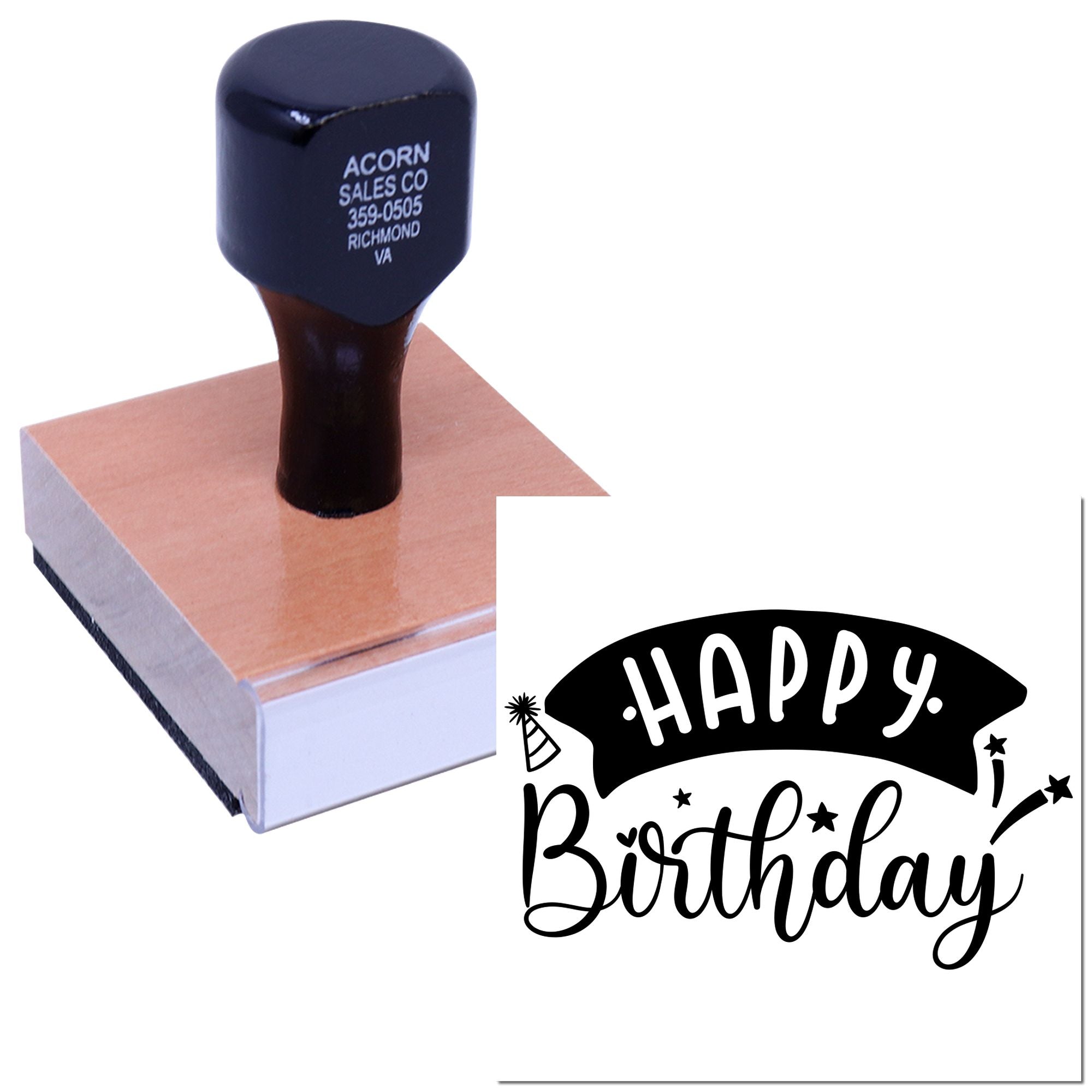 Happy Birthday rubber stamp with wooden handle for birthday cards, invitations, and party favors.