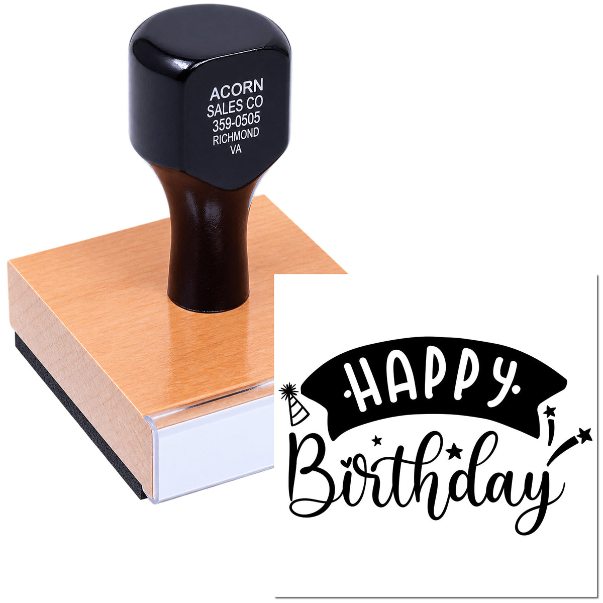 Happy Birthday rubber stamp with wooden handle for birthday cards, invitations, and party favors.