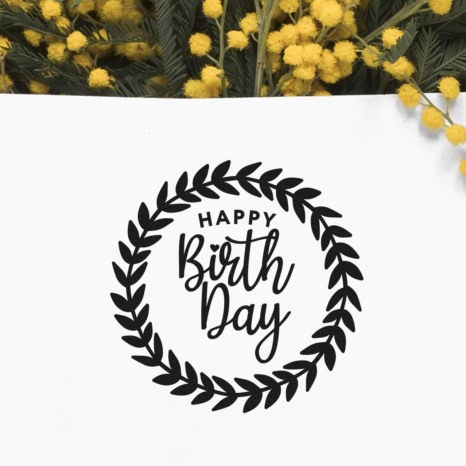 Happy Birth Day rubber stamp with laurel wreath design for handmade cards, scrapbooking, and birthday crafts.