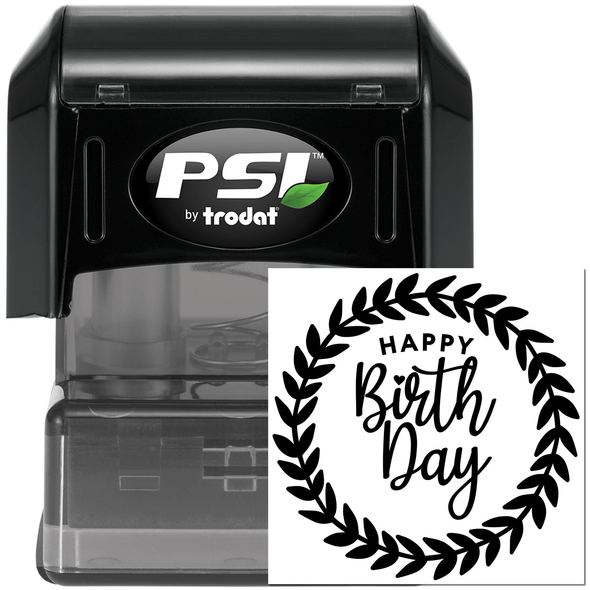 PSI by Trodat self-inking rubber stamp with custom Happy Birthday wreath design