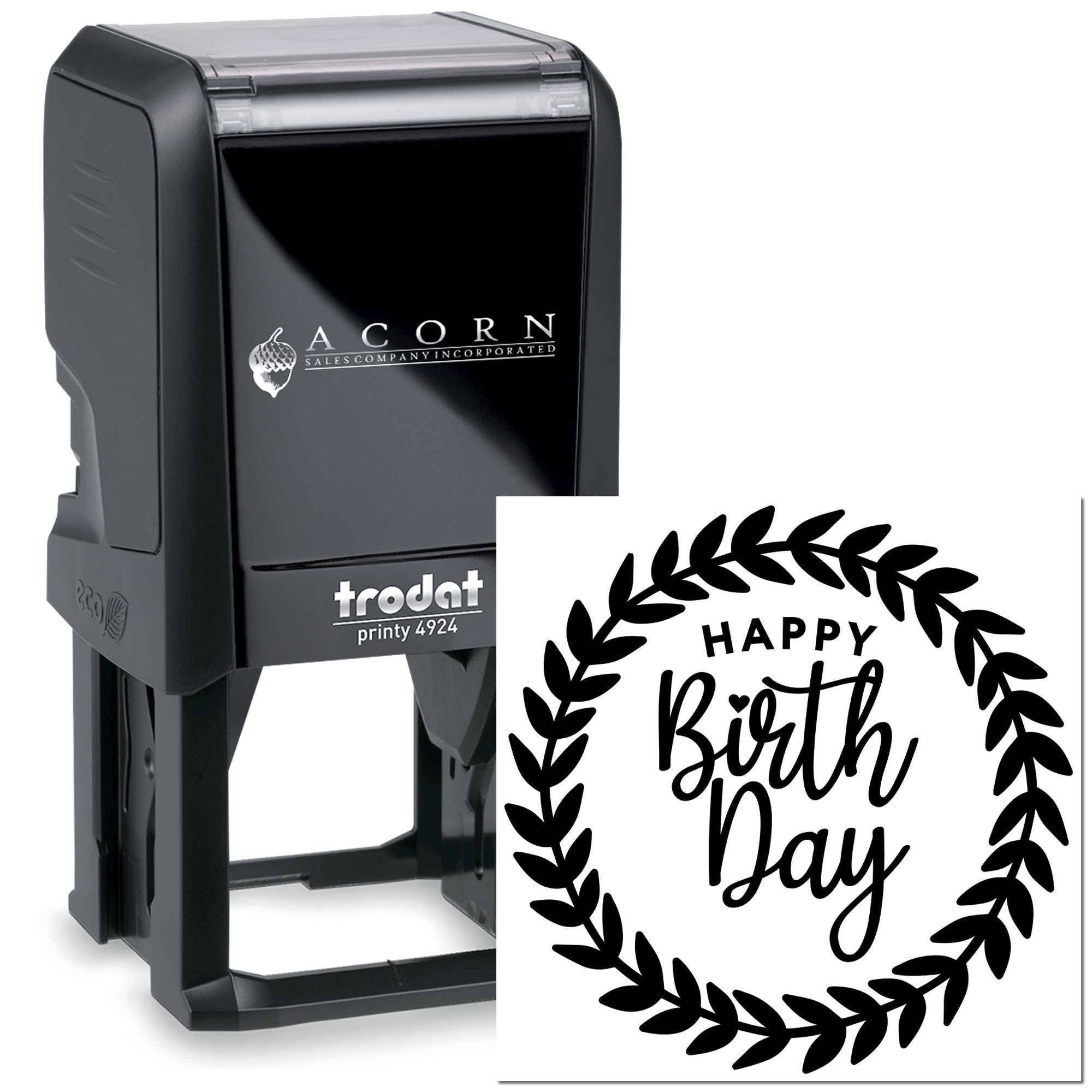 Trodat self-inking rubber stamp with custom Happy Birthday wreath design for personalized cards, gifts, and packaging.