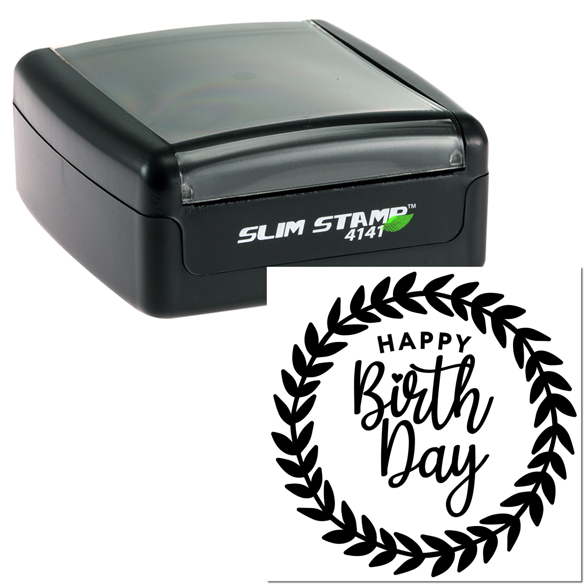 Slim self-inking rubber stamp with Happy Birthday wreath design for cards, scrapbooking, and packaging.