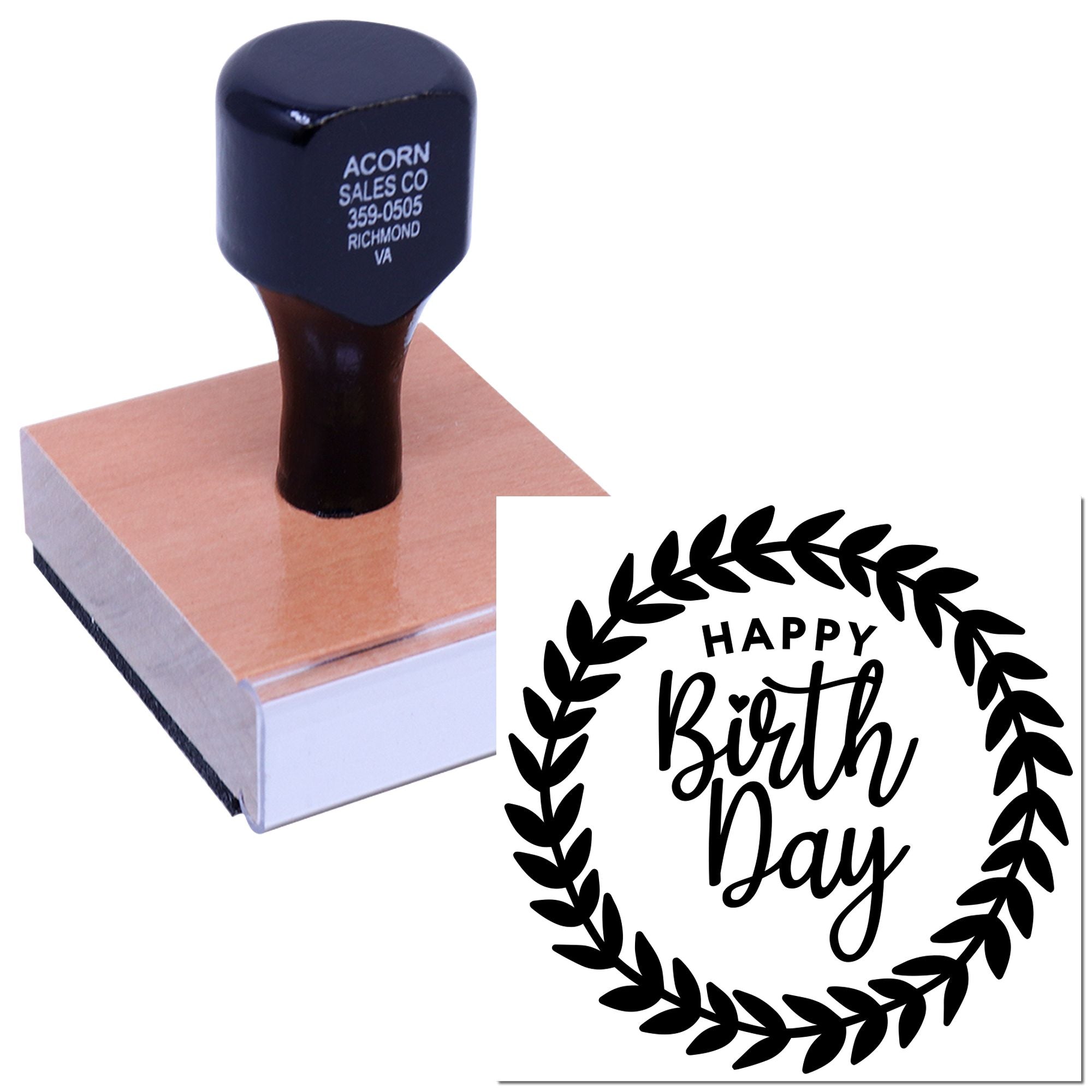 Custom Happy Birthday rubber stamp with laurel wreath design, ideal for birthday cards, invitations, and craft projects.