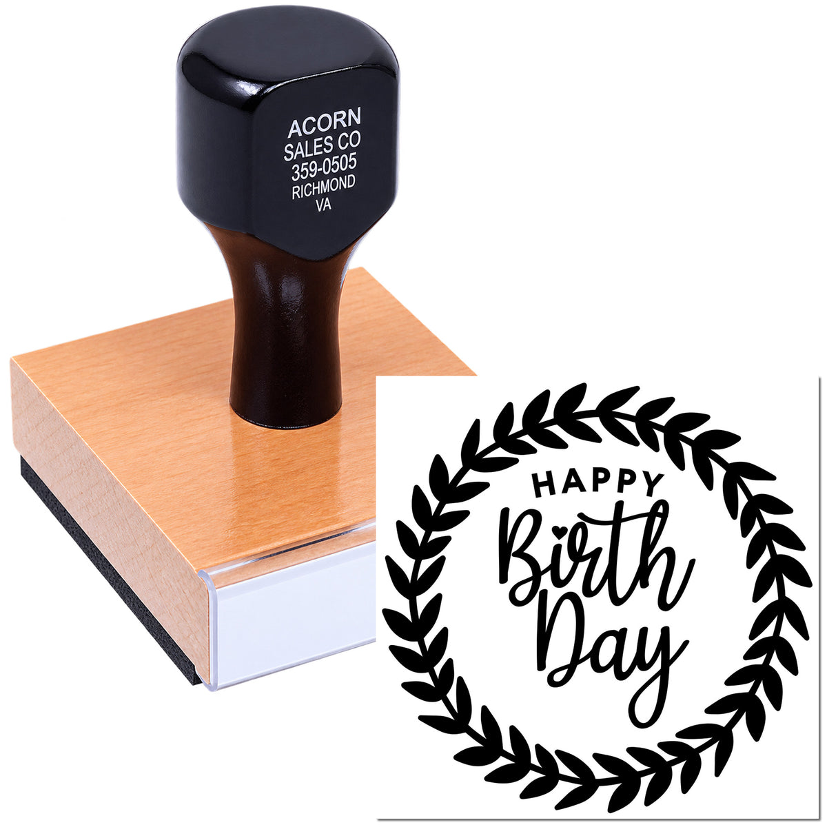 Custom Happy Birthday rubber stamp with laurel wreath design, ideal for birthday cards, invitations, and craft projects.