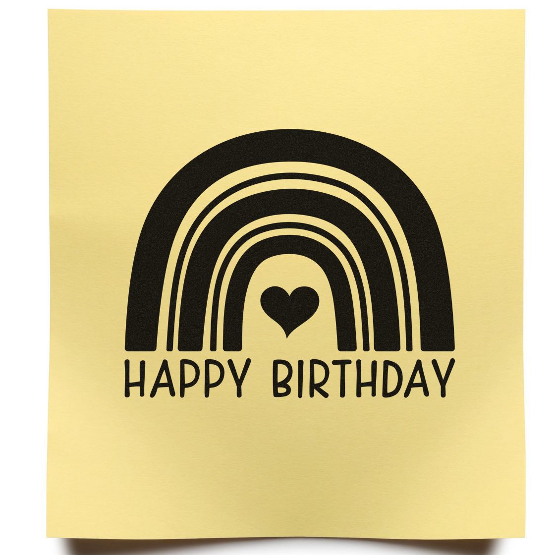 Happy Birthday rainbow heart rubber stamp design for cards and crafts, black on gold background.