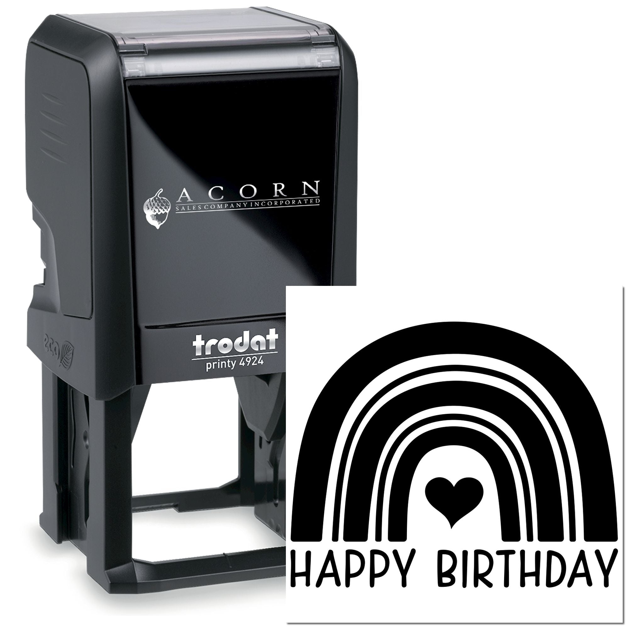 Custom self-inking rubber stamp with Happy Birthday rainbow heart design for personalized birthday cards and crafts