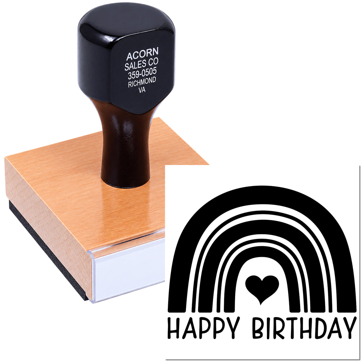 Personalized rubber stamp with Happy Birthday rainbow heart design for cards, crafts, and party invitations.