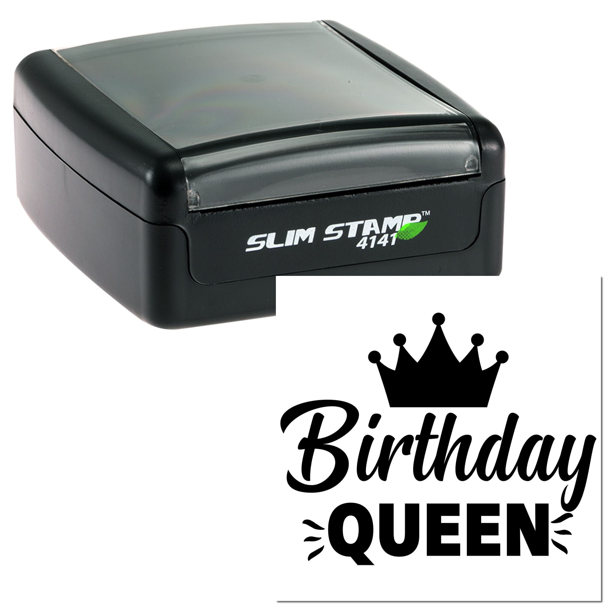 Birthday Queen self-inking rubber stamp for personalized birthday cards, invitations, and party favors.