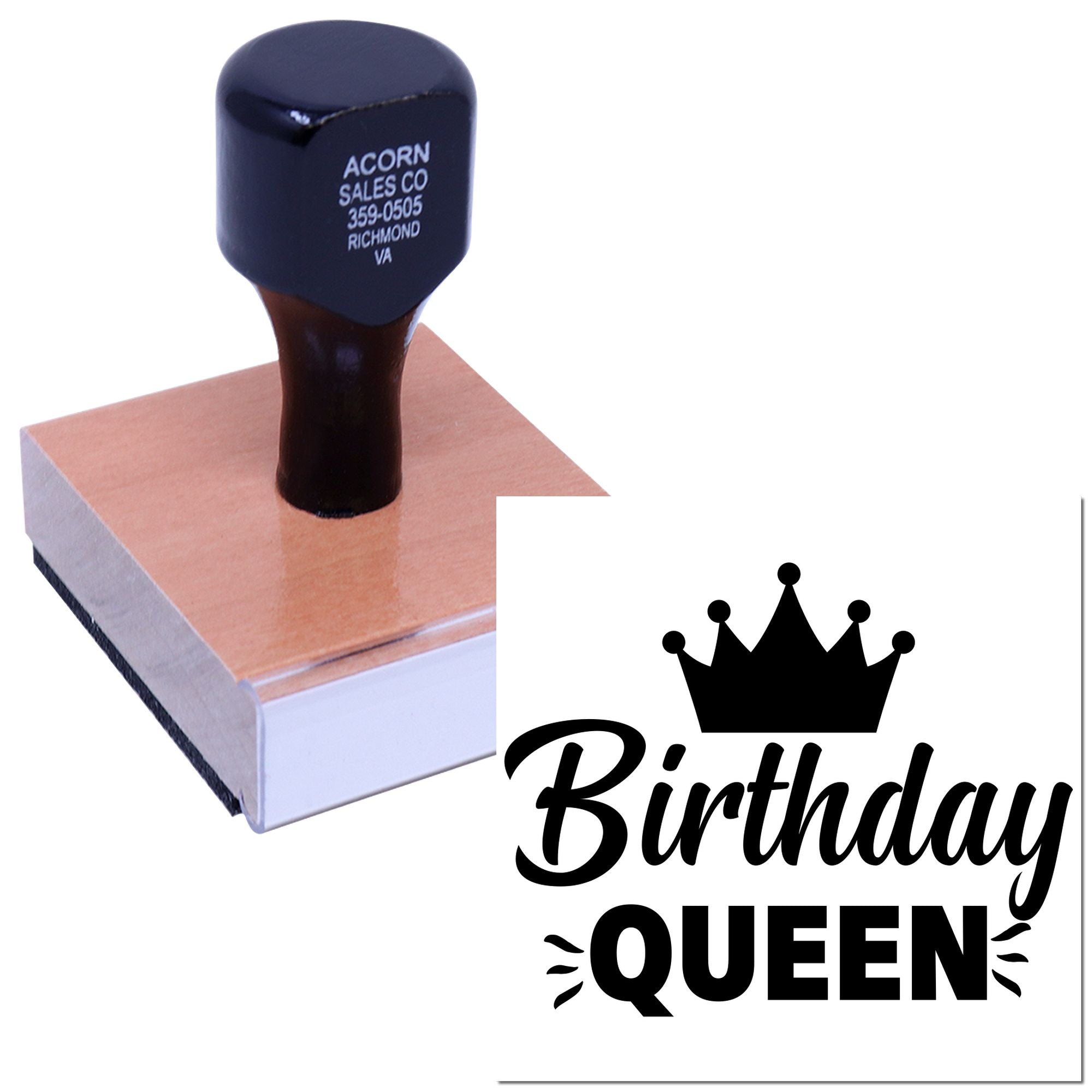 Birthday Queen custom rubber stamp with crown design for party invitations, cards, scrapbooking, and celebration crafts.