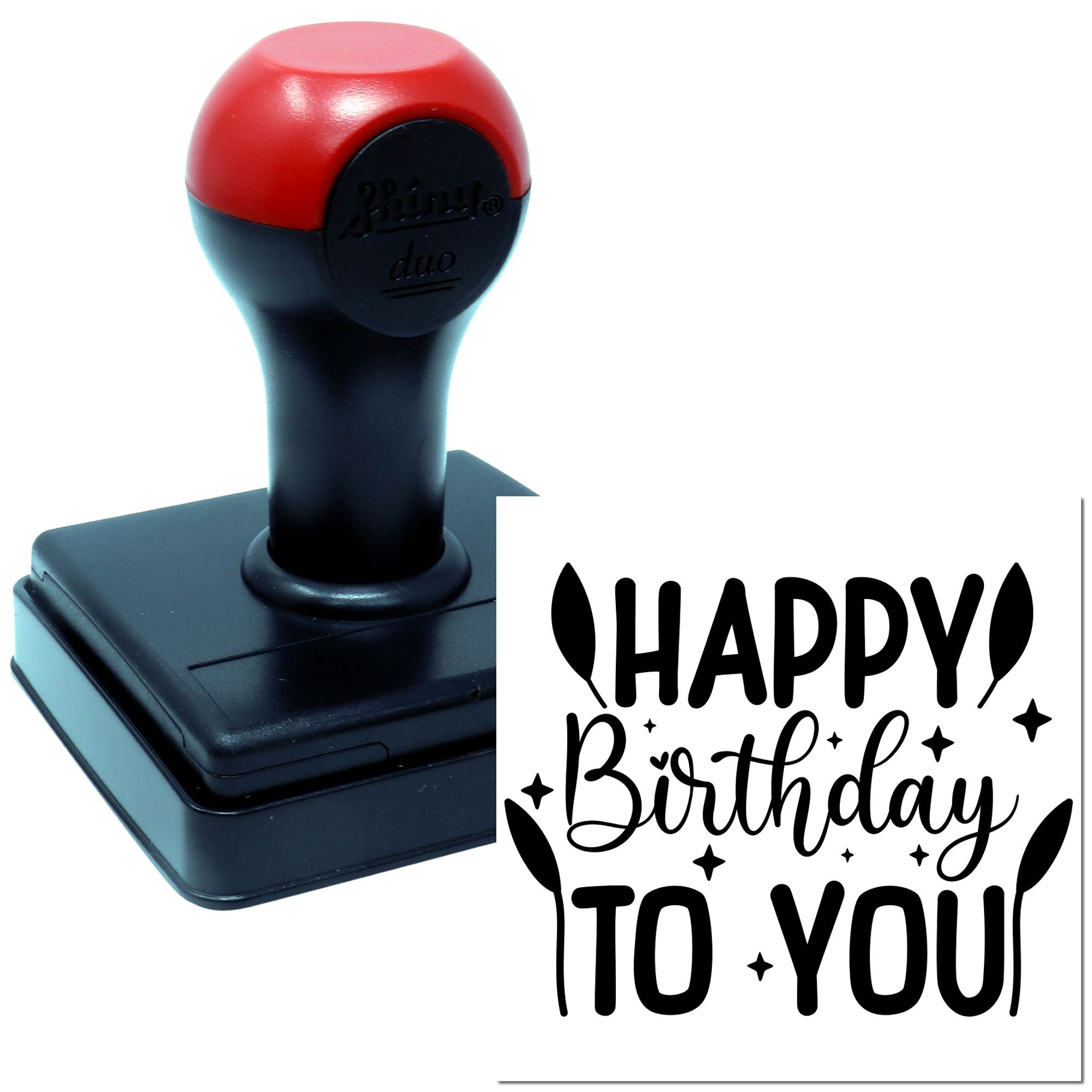Self-inking rubber stamp with Happy Birthday to You design for birthday cards, invitations, and craft projects.