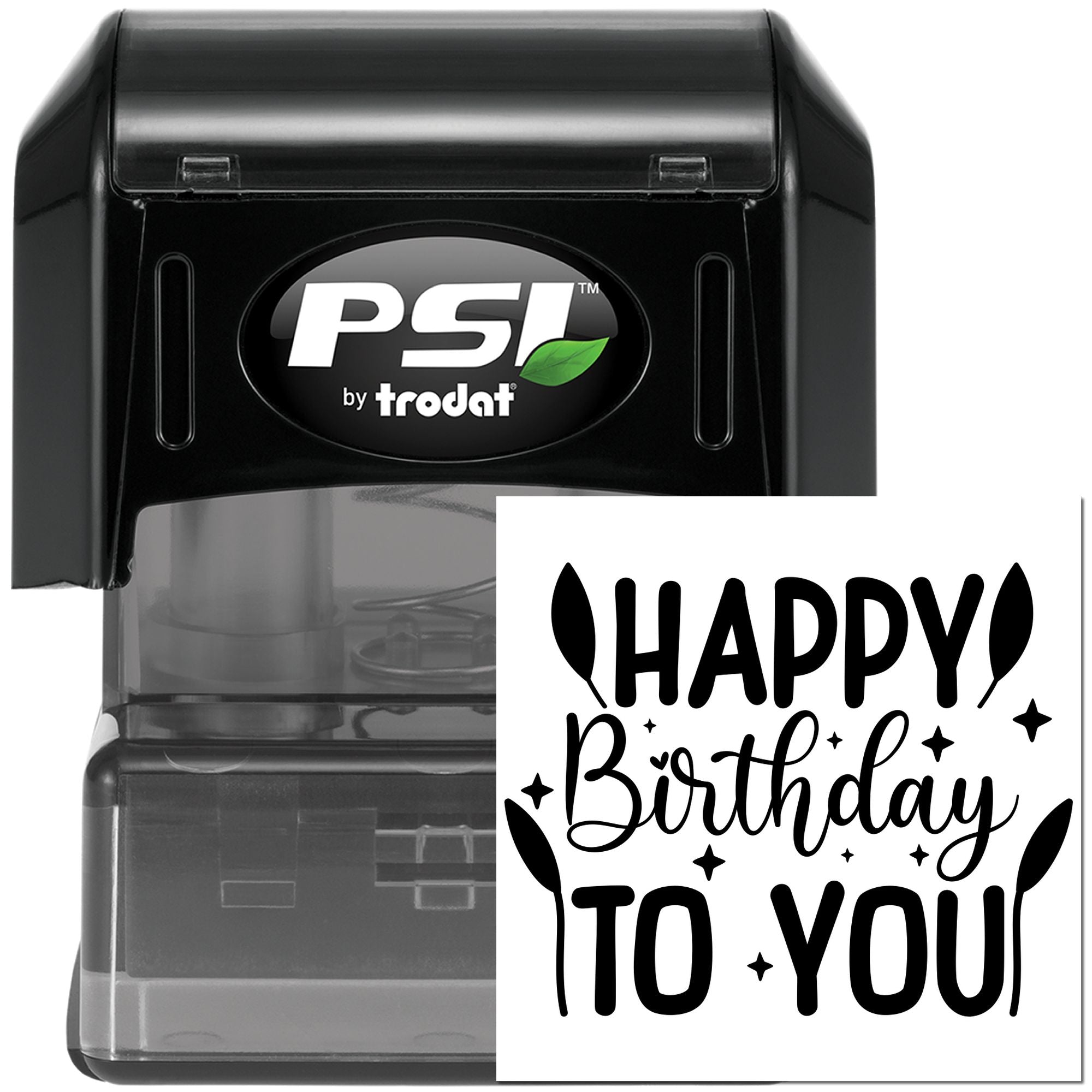 Self-inking PSI by Trodat rubber stamp with Happy Birthday to You design for personalized birthday card crafting