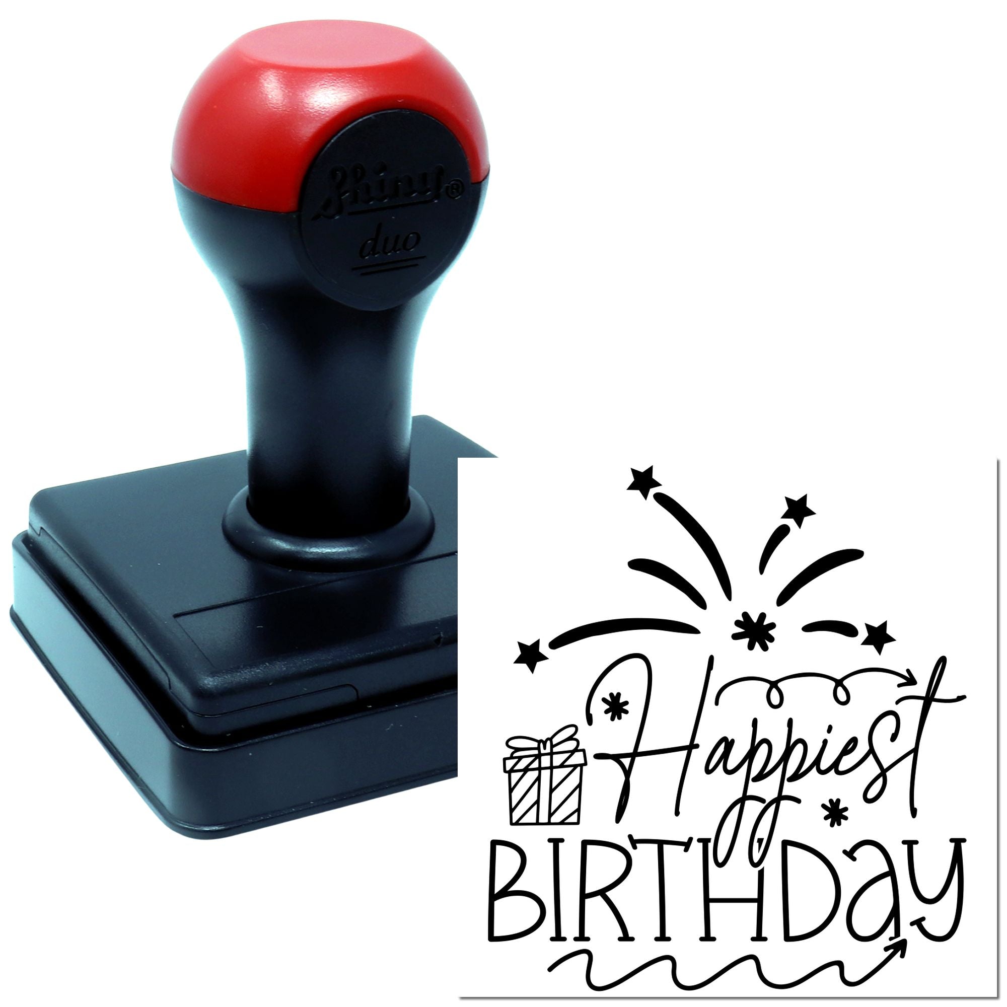 Self-inking birthday rubber stamp with Happiest Birthday design, ideal for handmade cards, gift tags, and party packaging.