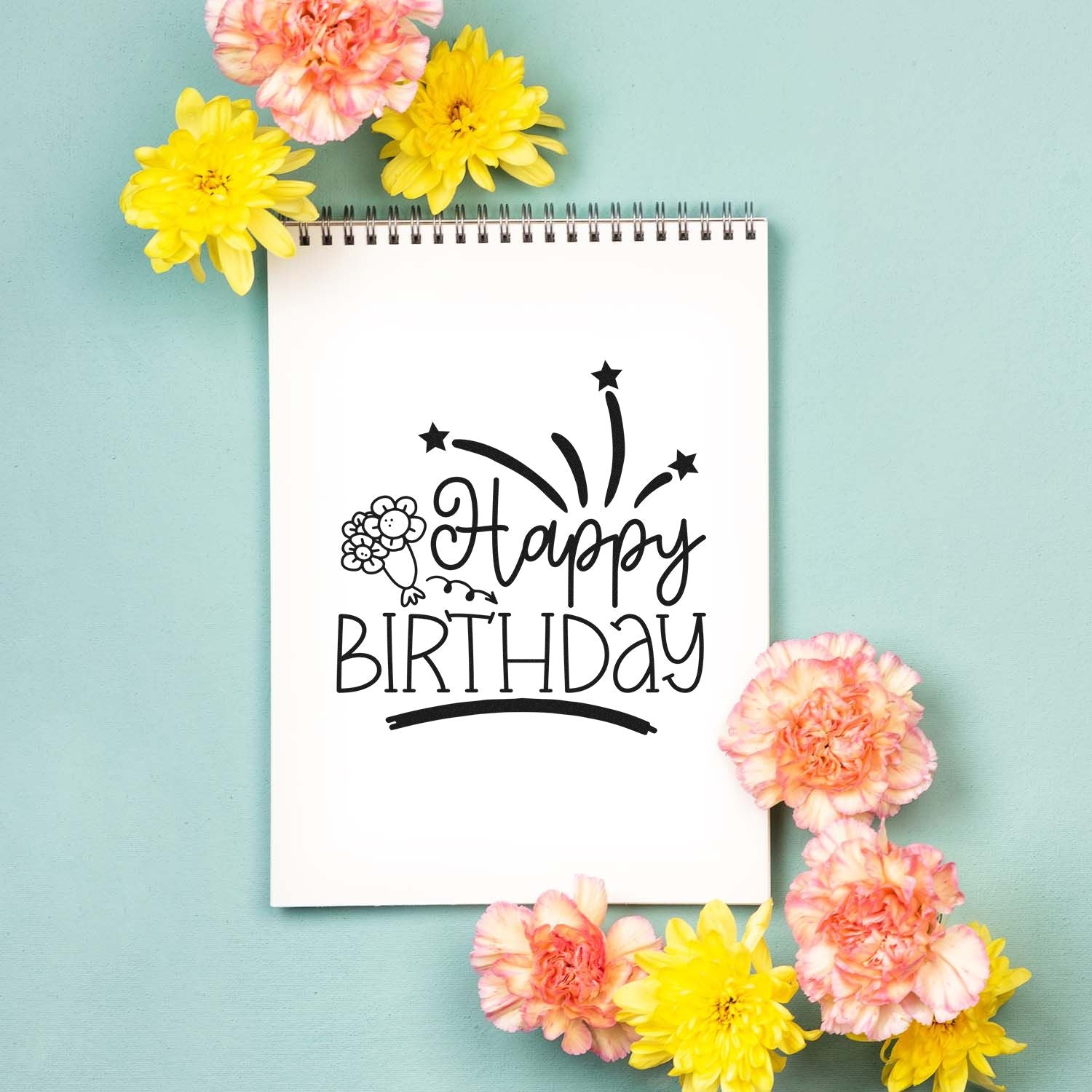 Happy Birthday rubber stamp design with floral bouquet and starburst, perfect for handmade birthday cards.