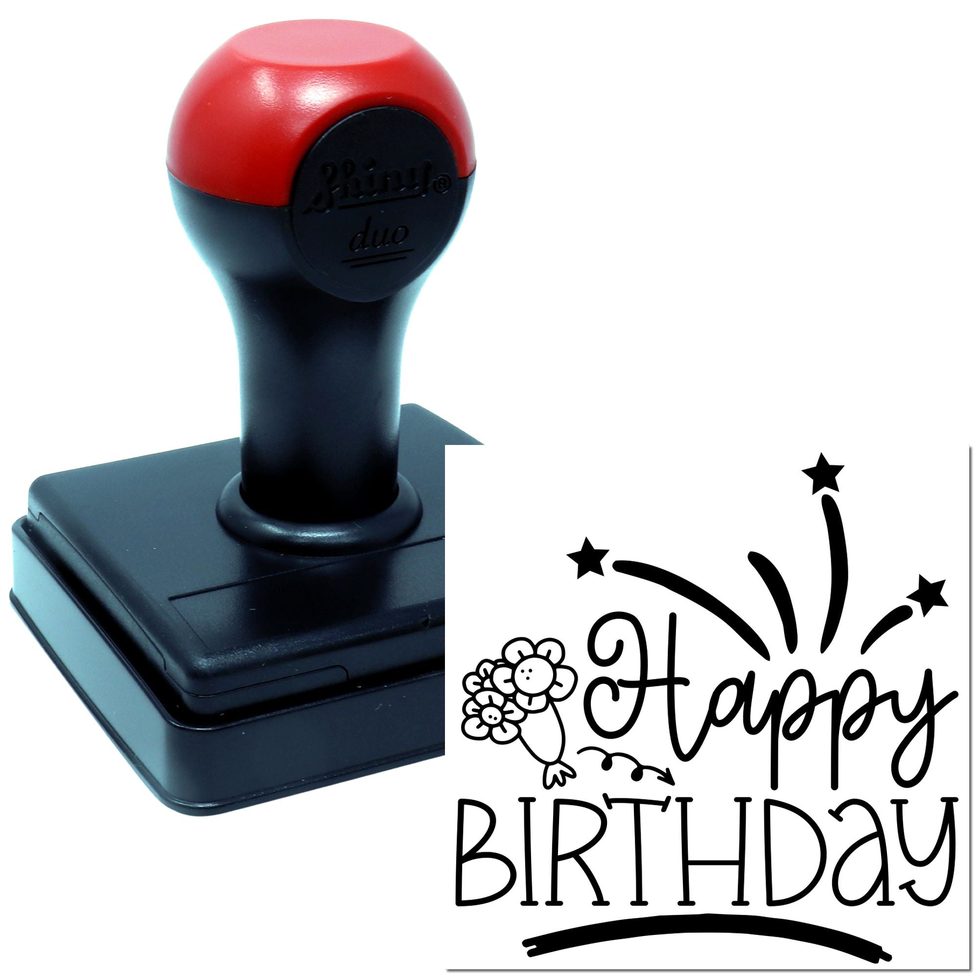Self-inking Happy Birthday rubber stamp for cards, scrapbooking, and party packaging.