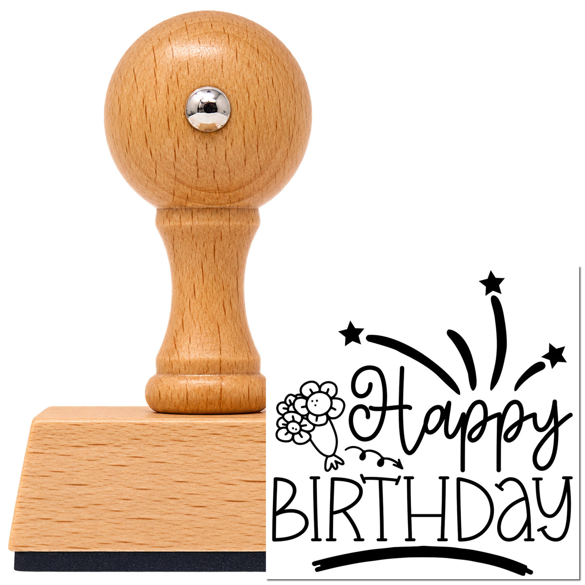 Happy Birthday Flowers Fireworks With Stars Vintage Pro rubber stamp in European beech wood with a round knob handle, shown beside its black imprint.