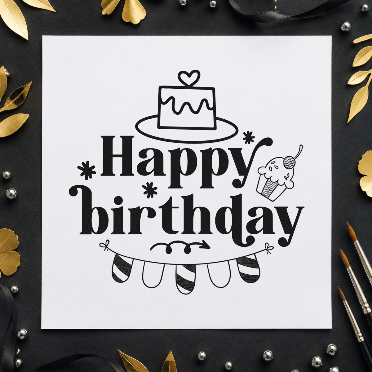 Happy Birthday Cake Bunting craft stamp in black ink on cardstock, an easy option for sleepover album page.
