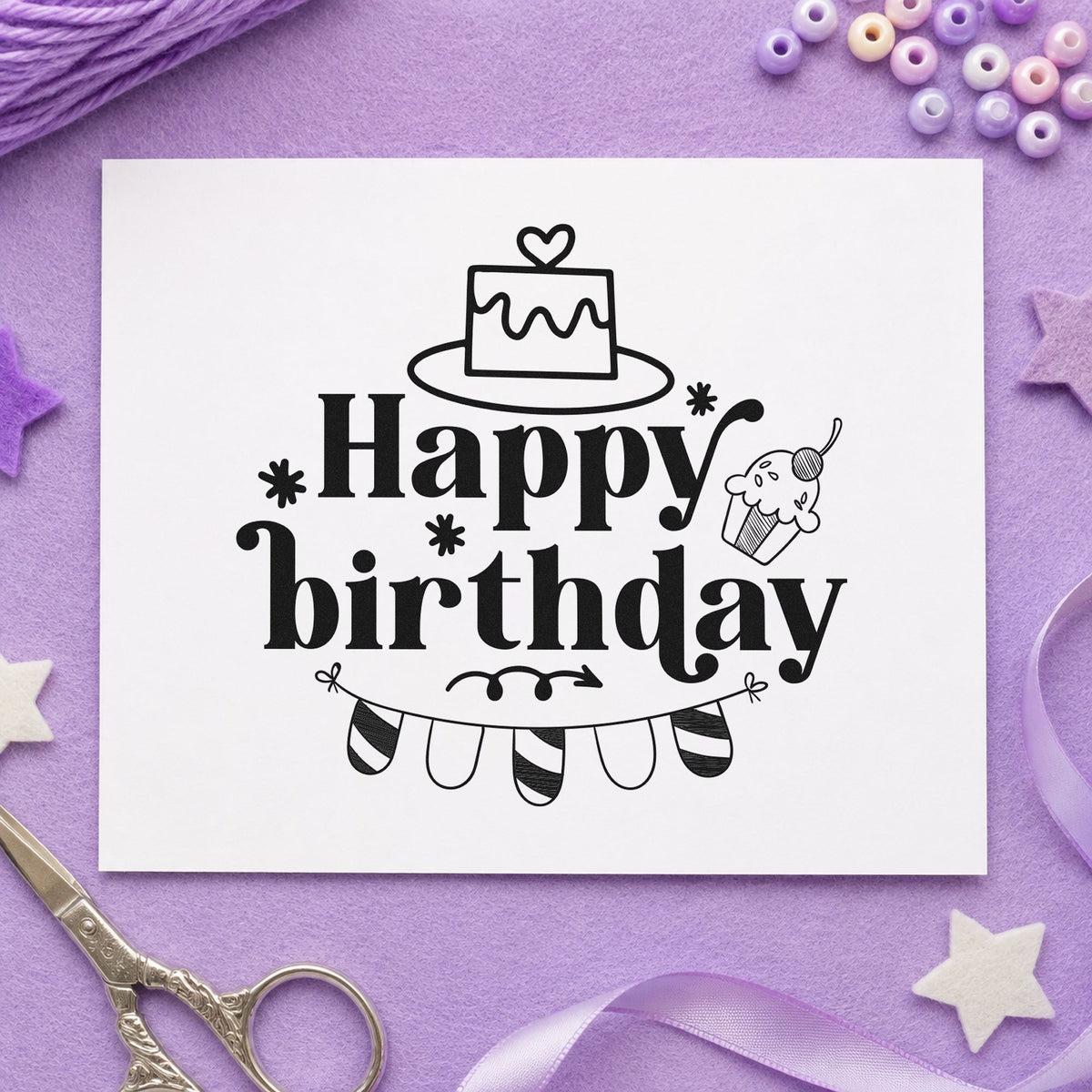 Happy Birthday Cake Bunting rubber stamp printed in black ink, ready for rounded bunting cards and similar paper crafts.