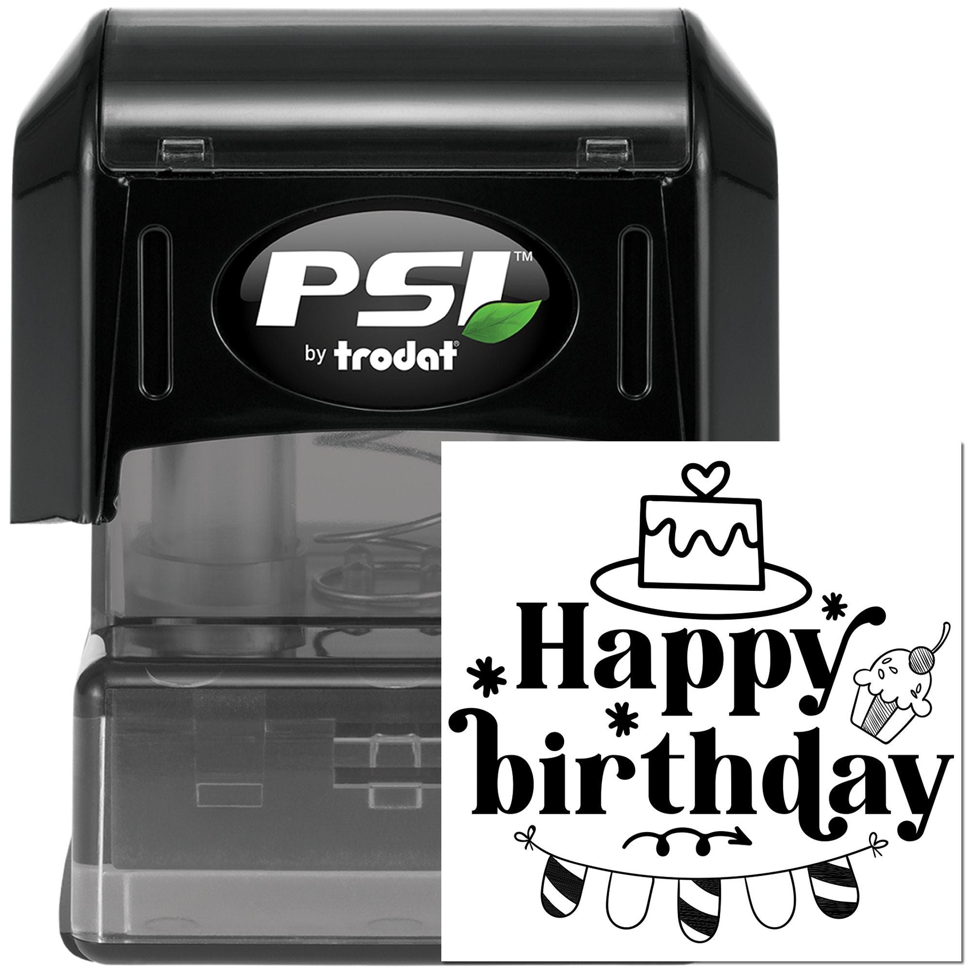PSI by Trodat self-inking rubber stamp prints Happy Birthday with cake and cupcake design for greeting cards and party invites.